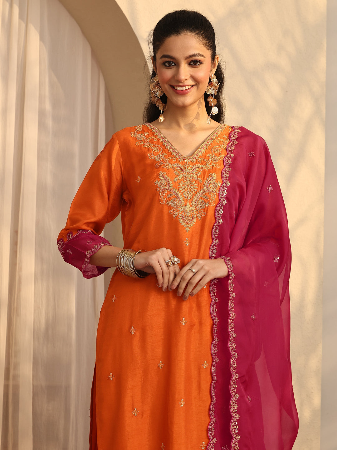  Orange Embroidered Silk Blend Straight Suit Set With Dupatta 