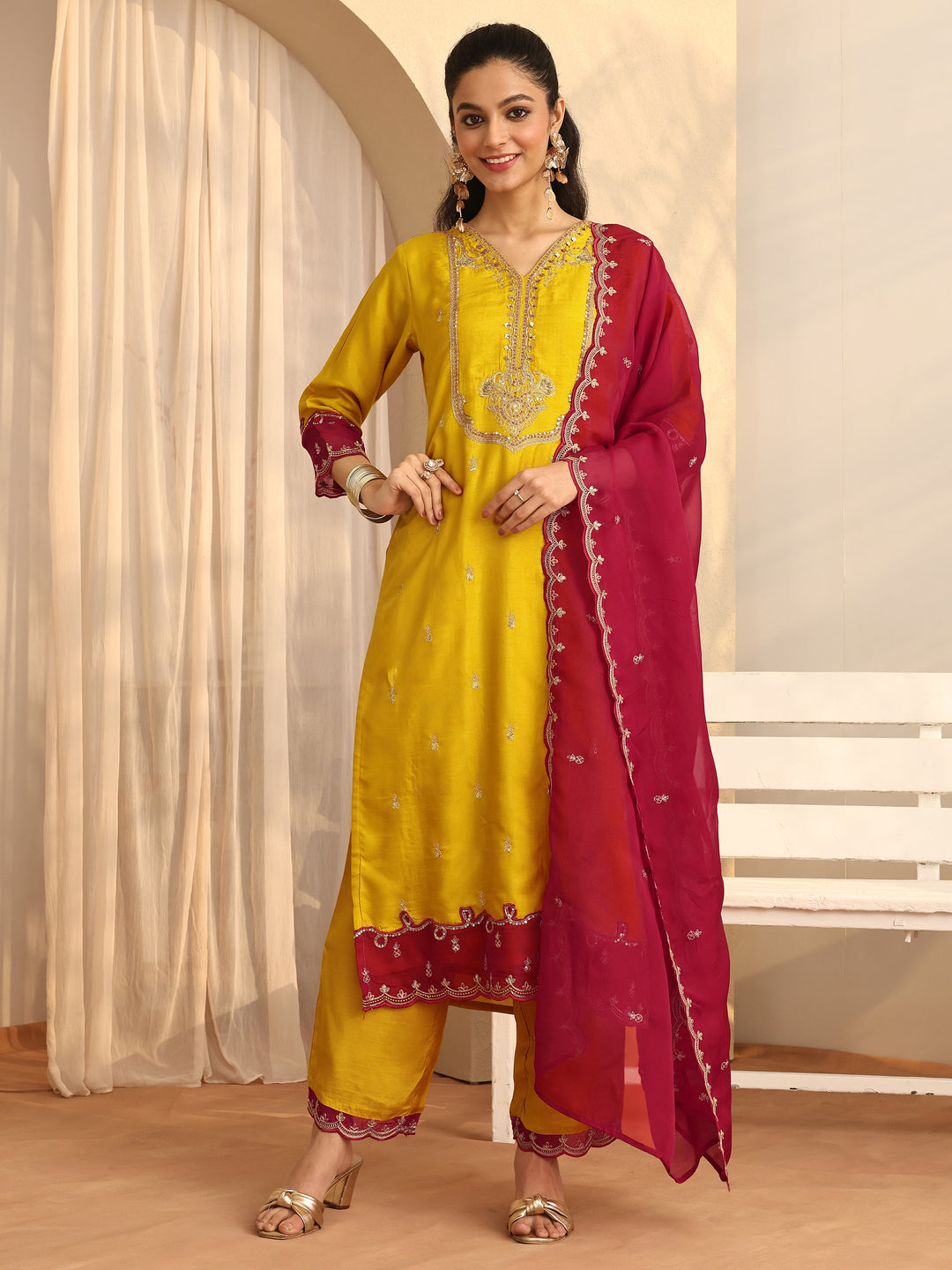  Mustard Embroidered Silk Blend Straight Suit Set With Dupatta 