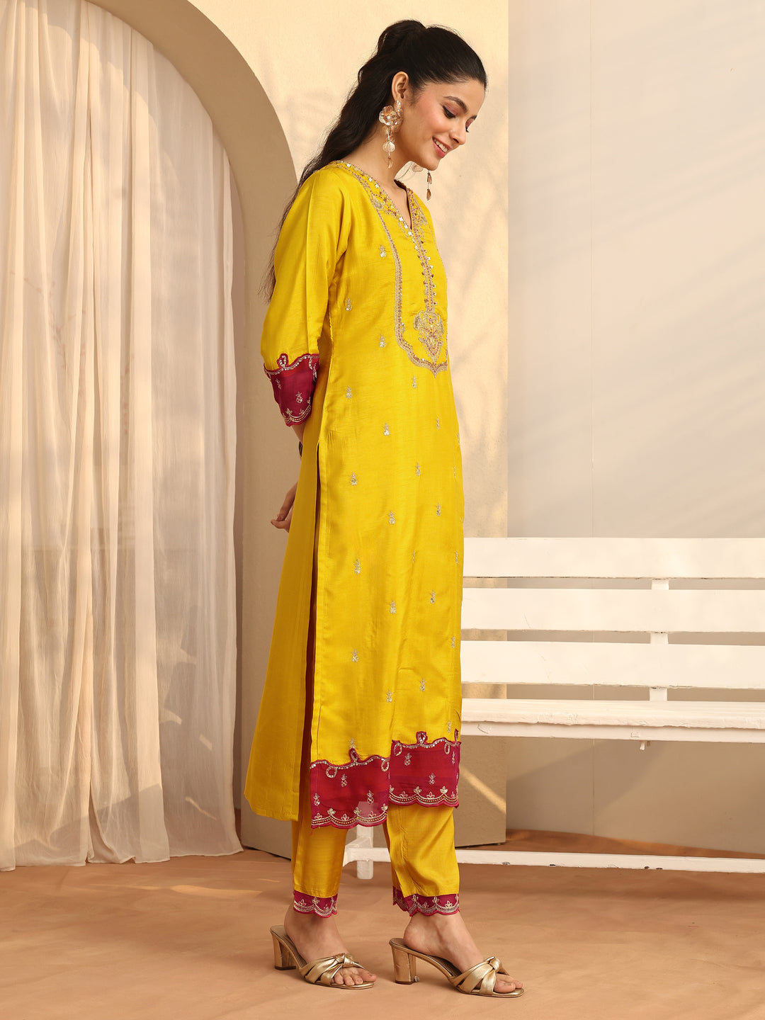 Mustard Embroidered Silk Blend Straight Suit Set With Dupatta 