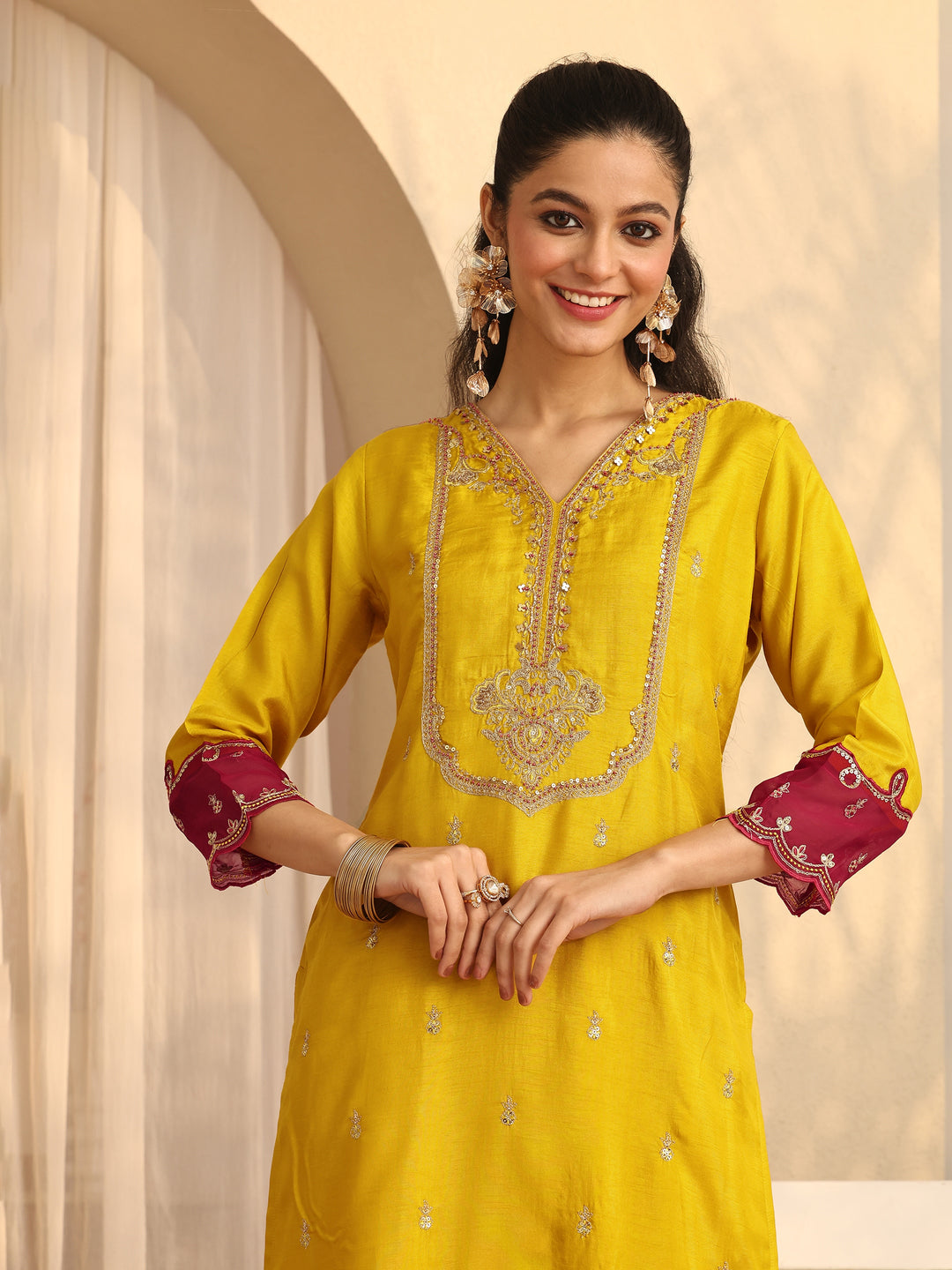  Mustard Embroidered Silk Blend Straight Suit Set With Dupatta 