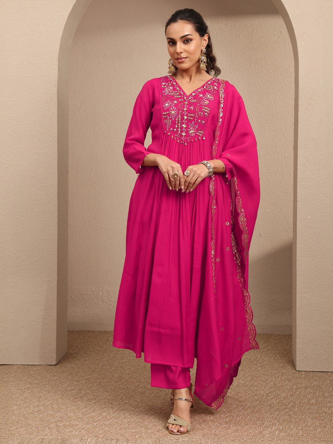  Pink Embroidered Silk blend Anarkali Suit Set With Dupatta 