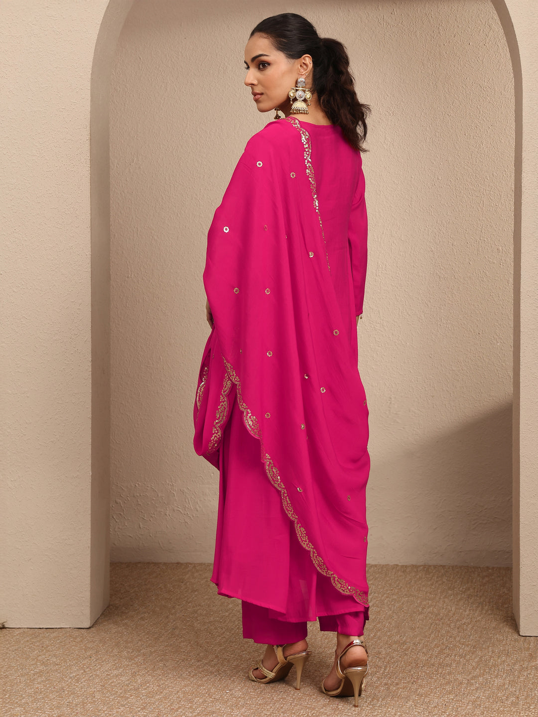  Pink Embroidered Silk blend Anarkali Suit Set With Dupatta 