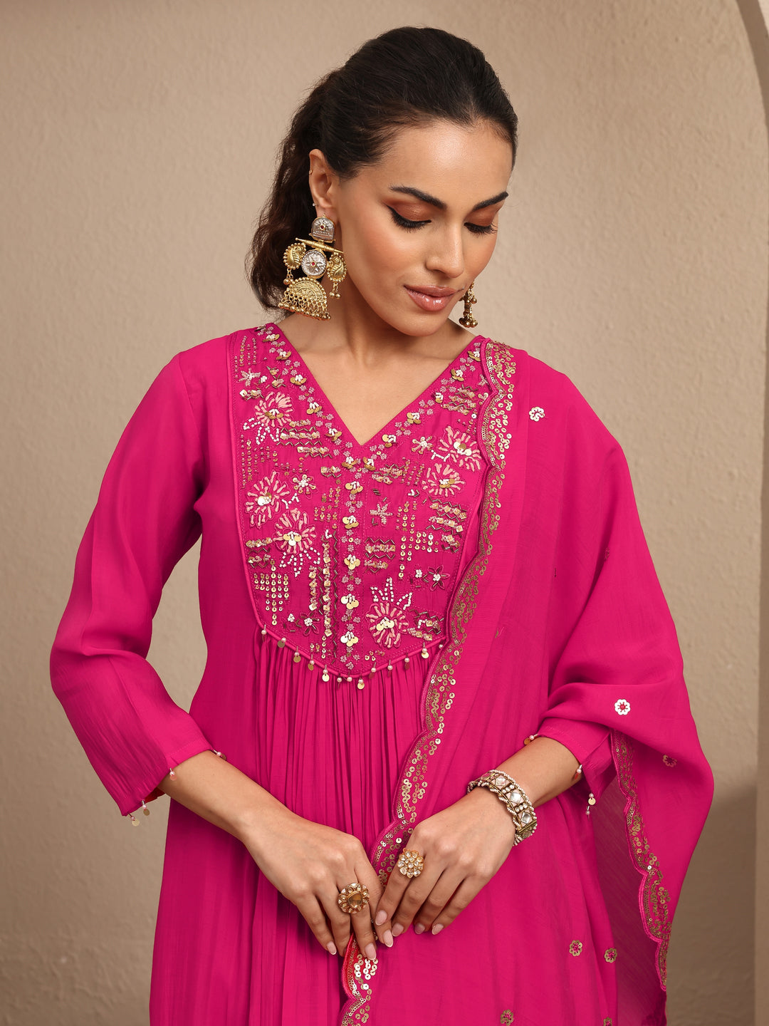  Pink Embroidered Silk blend Anarkali Suit Set With Dupatta 