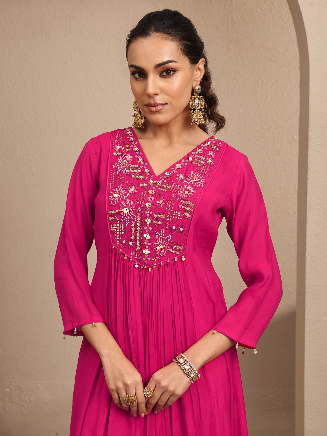  Pink Embroidered Silk blend Anarkali Suit Set With Dupatta 