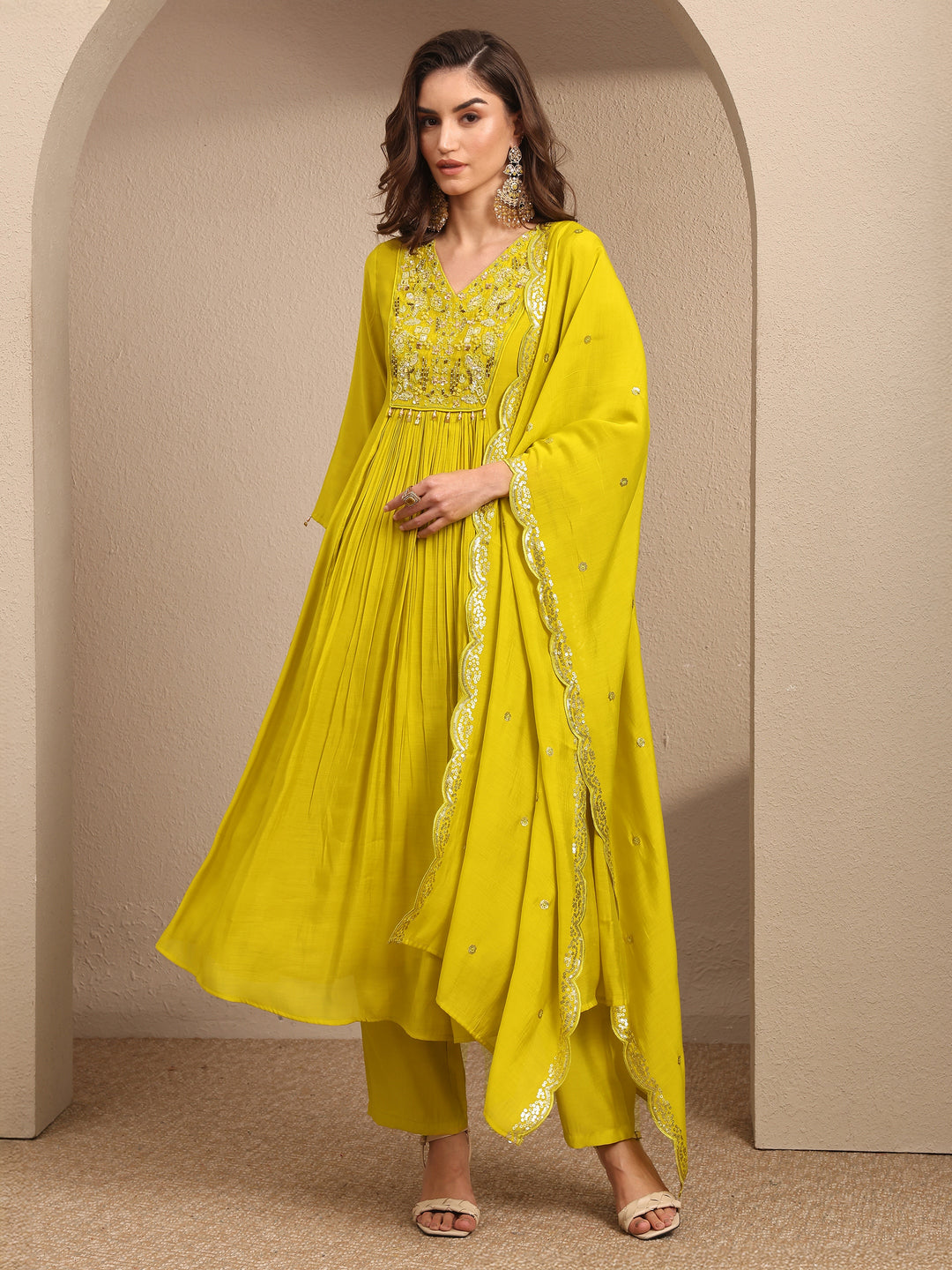  Lime Green Embroidered Silk Blend Anarkali Suit Set With Dupatta 