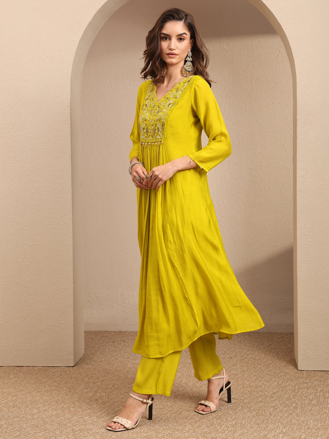  Lime Green Embroidered Silk Blend Anarkali Suit Set With Dupatta 
