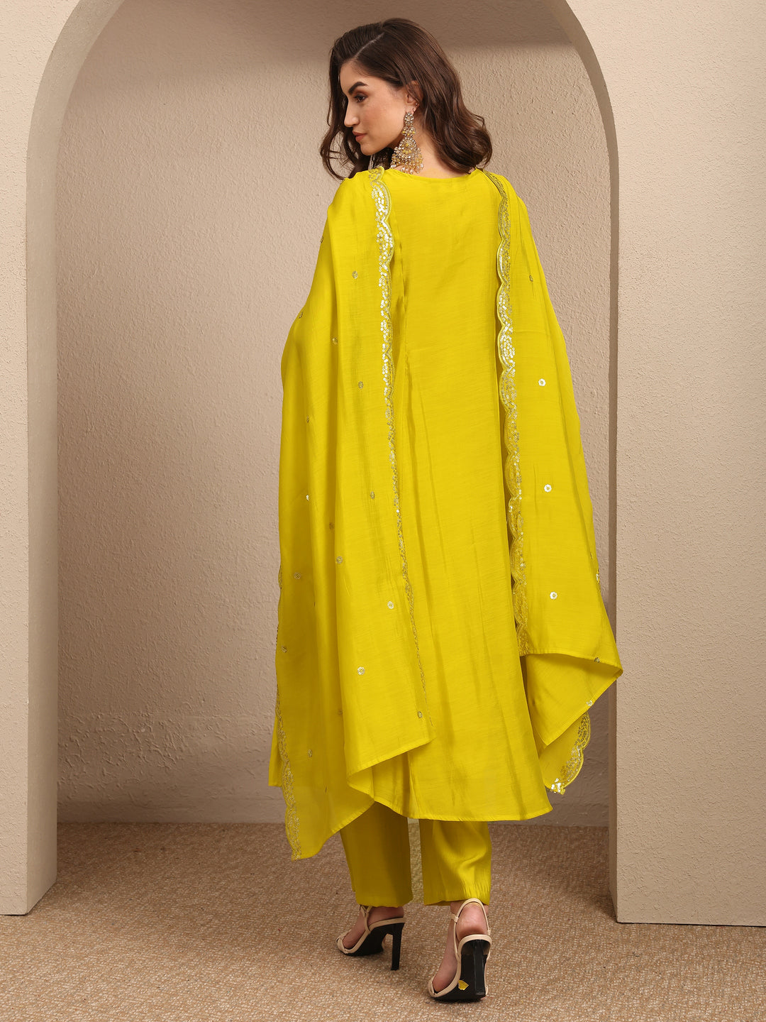  Lime Green Embroidered Silk Blend Anarkali Suit Set With Dupatta 