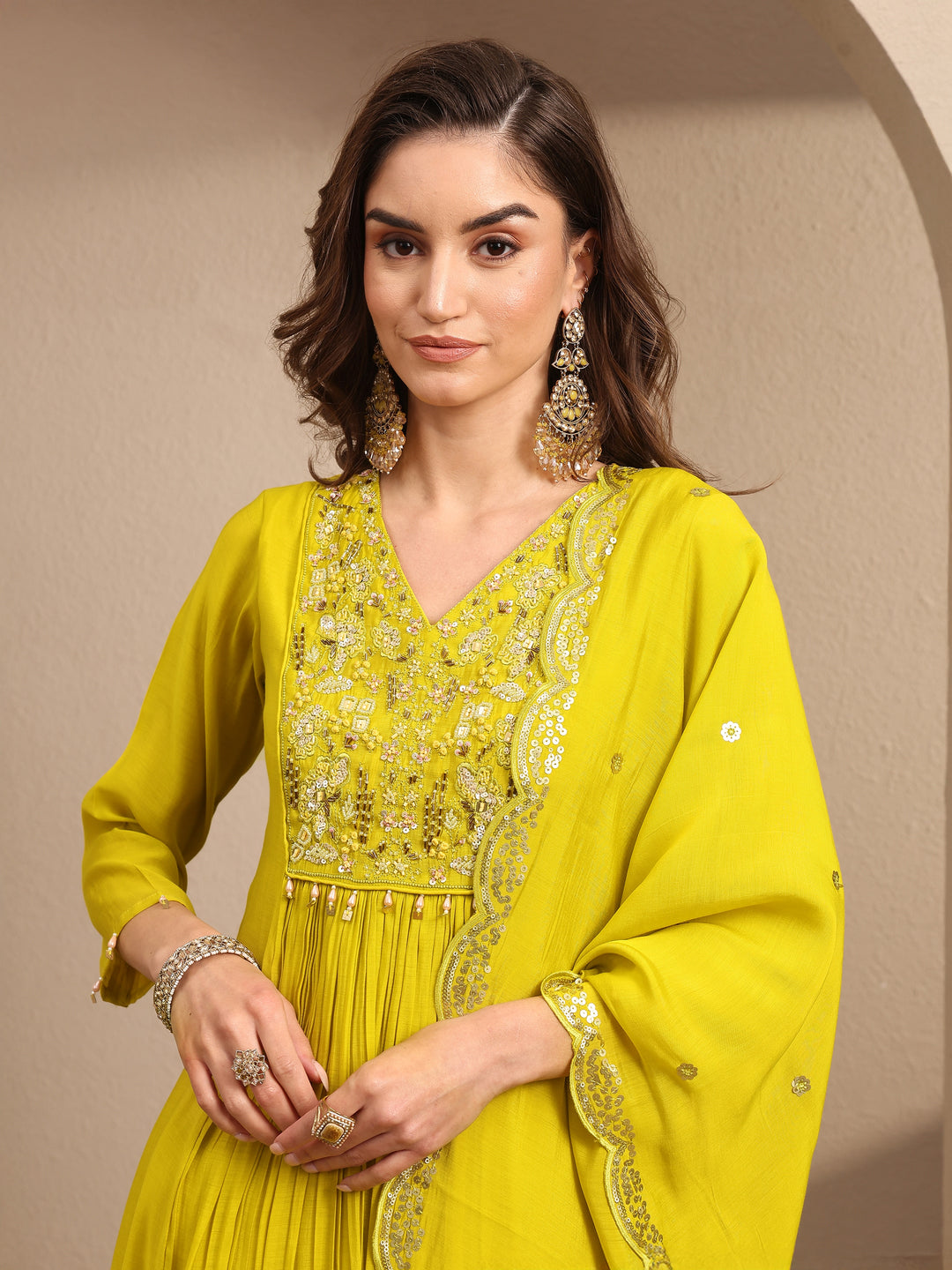  Lime Green Embroidered Silk Blend Anarkali Suit Set With Dupatta 