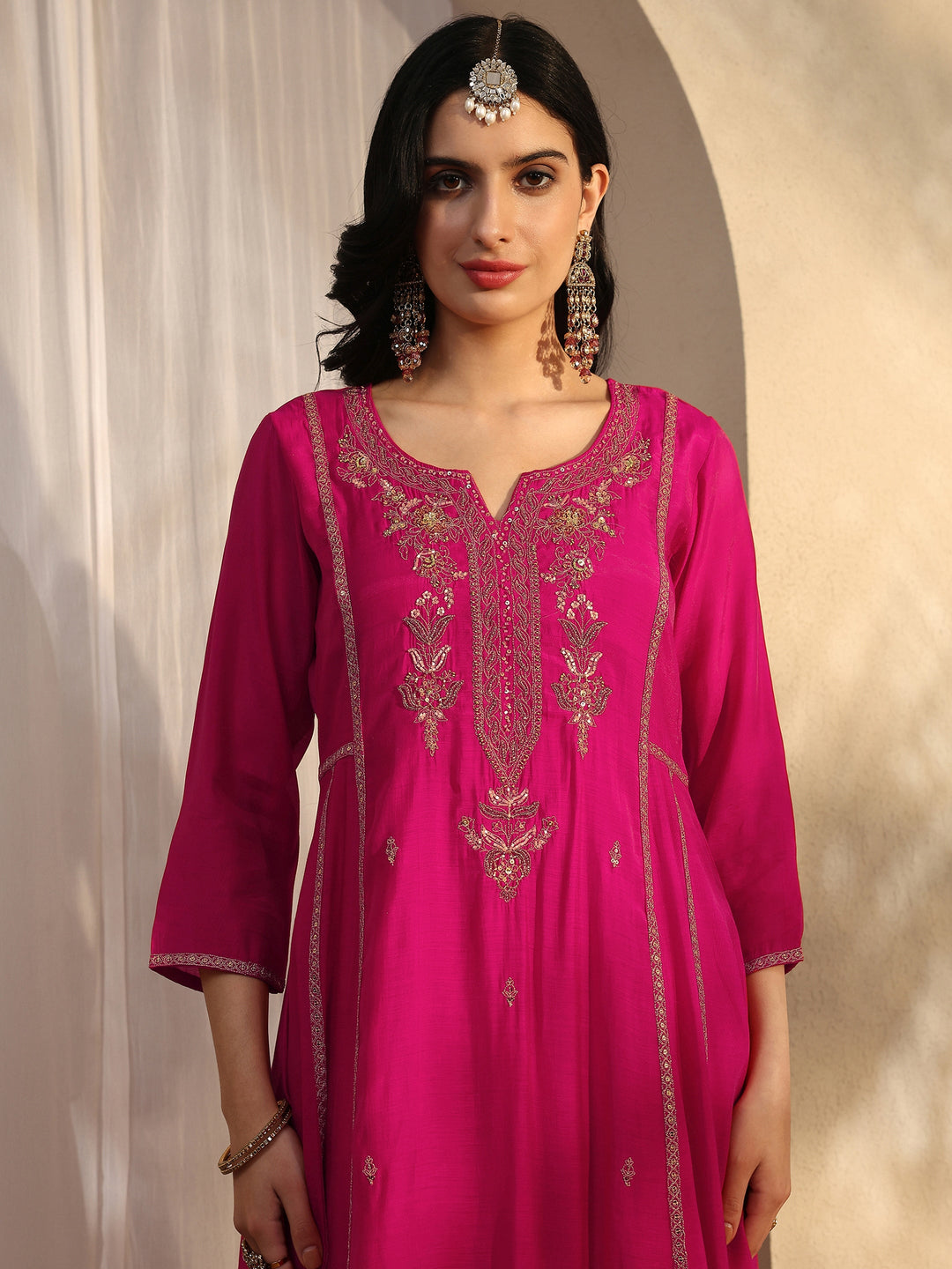  Pink Embroidered Silk blend Anarkali Suit Set With Dupatta 