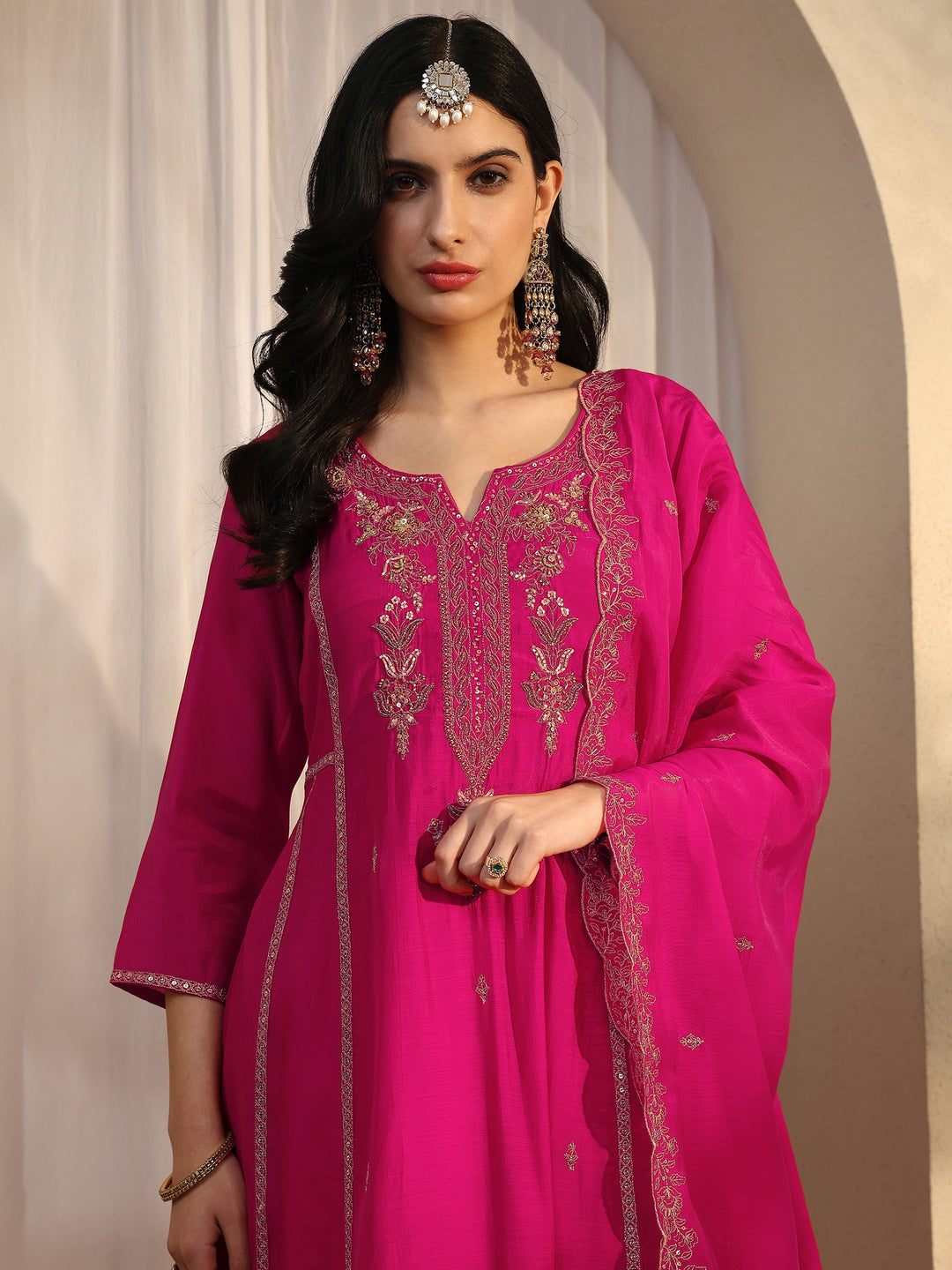  Pink Embroidered Silk blend Anarkali Suit Set With Dupatta 