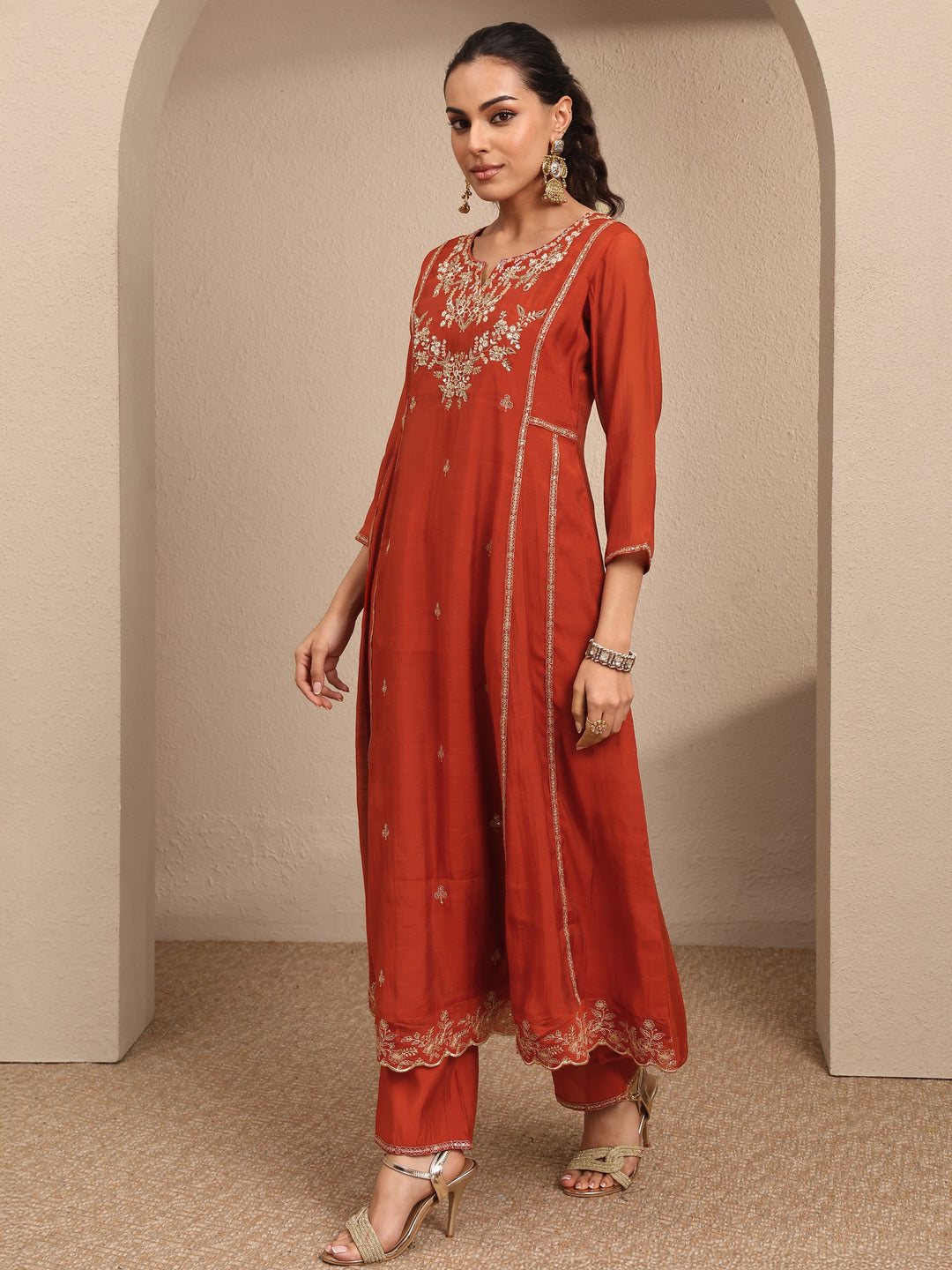  Rust Embroidered Silk Blend A-Line Suit Set With Dupatta 