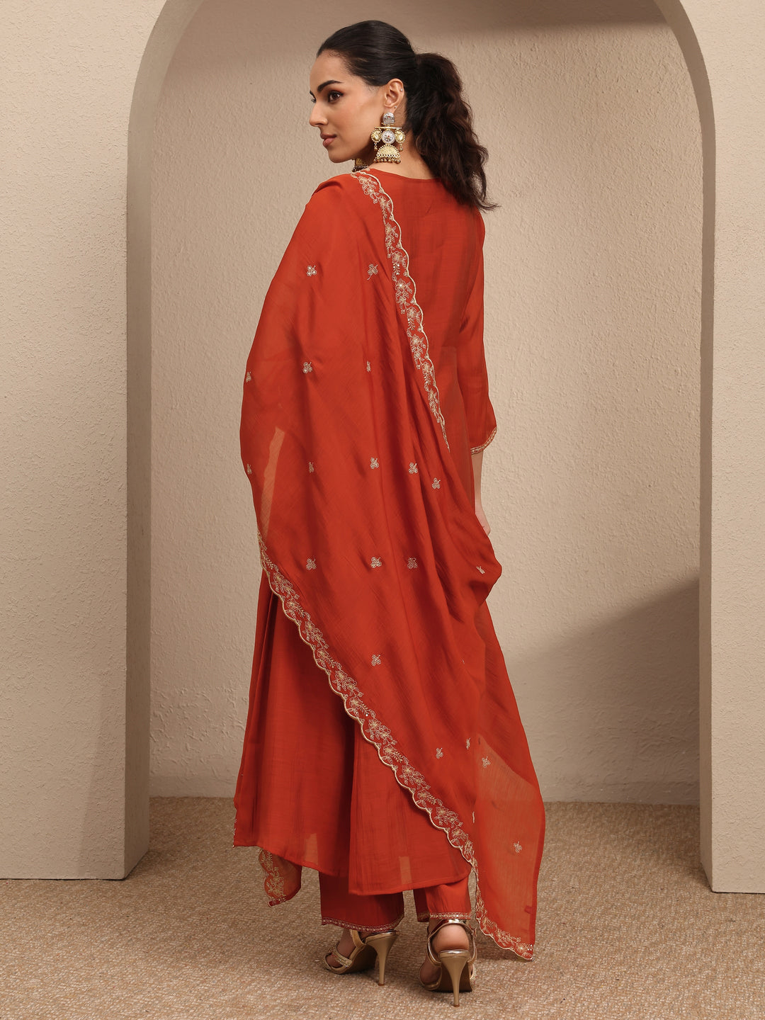  Rust Embroidered Silk Blend A-Line Suit Set With Dupatta 