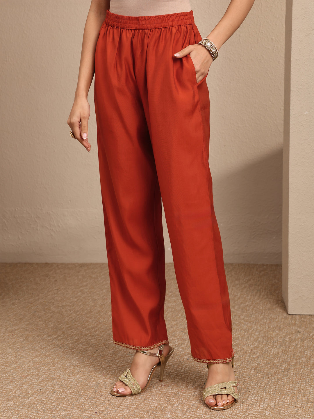  Rust Embroidered Silk Blend A-Line Suit Set With Dupatta 