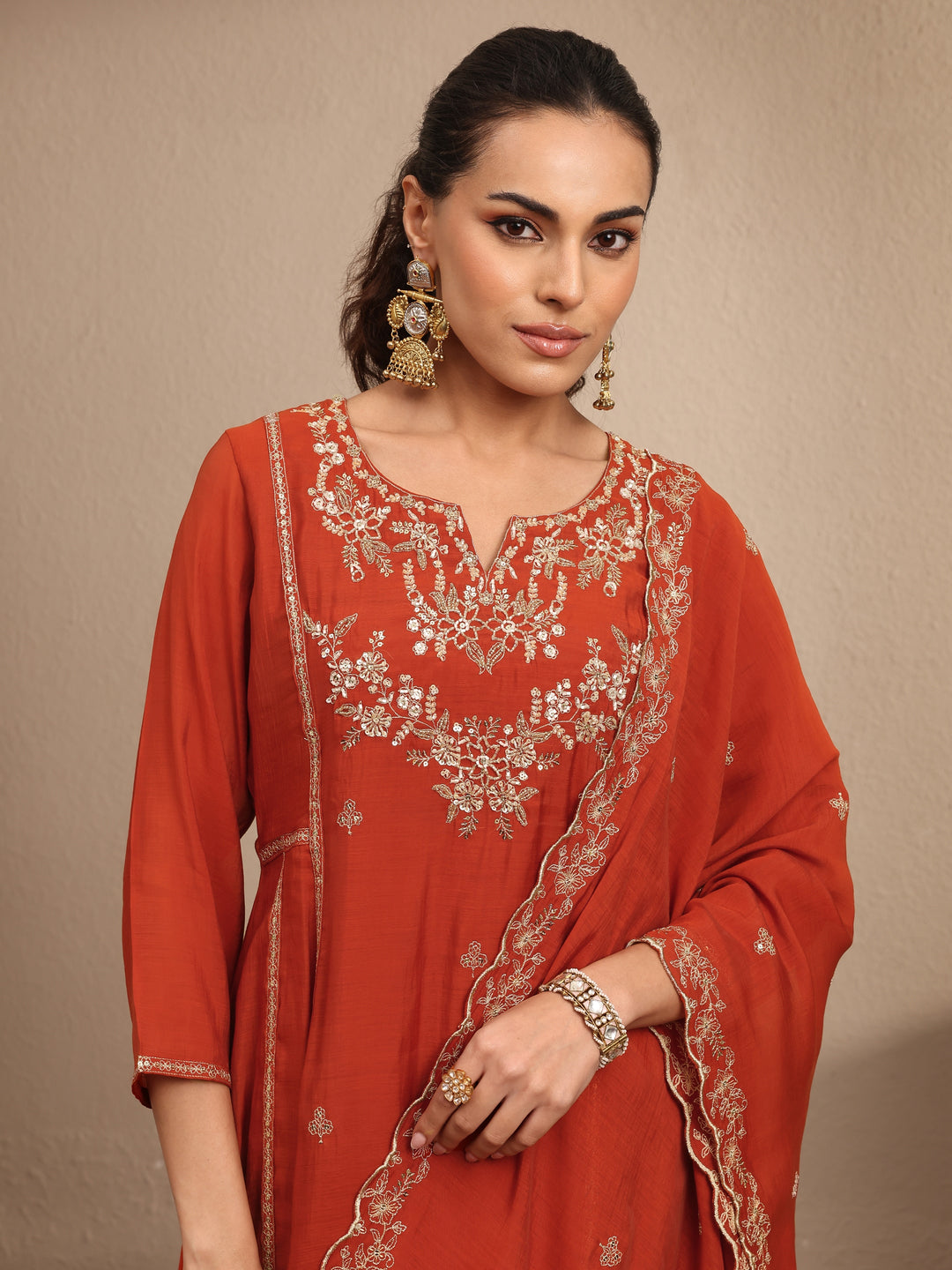  Rust Embroidered Silk Blend A-Line Suit Set With Dupatta 