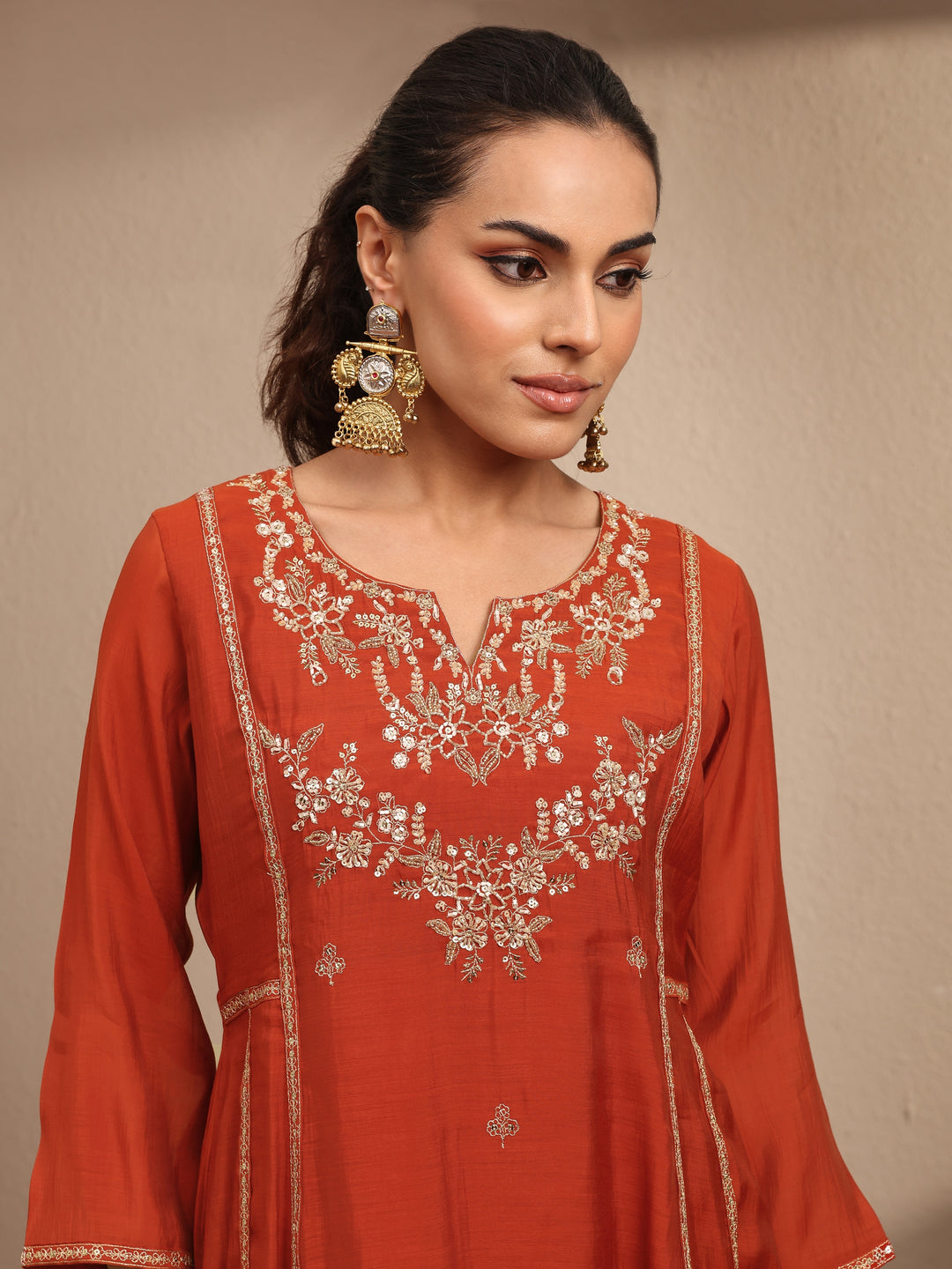  Rust Embroidered Silk Blend A-Line Suit Set With Dupatta 