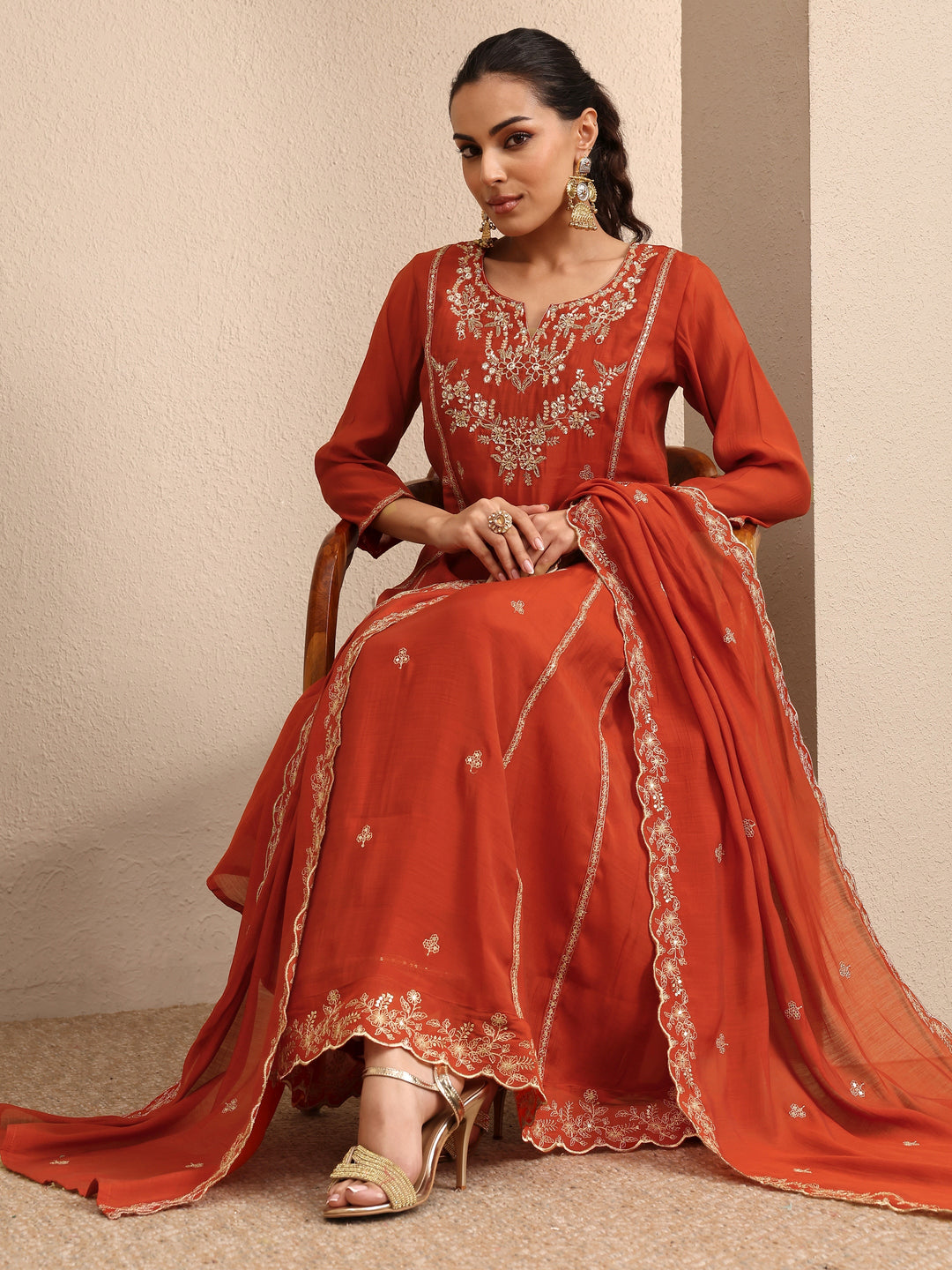  Rust Embroidered Silk Blend A-Line Suit Set With Dupatta 