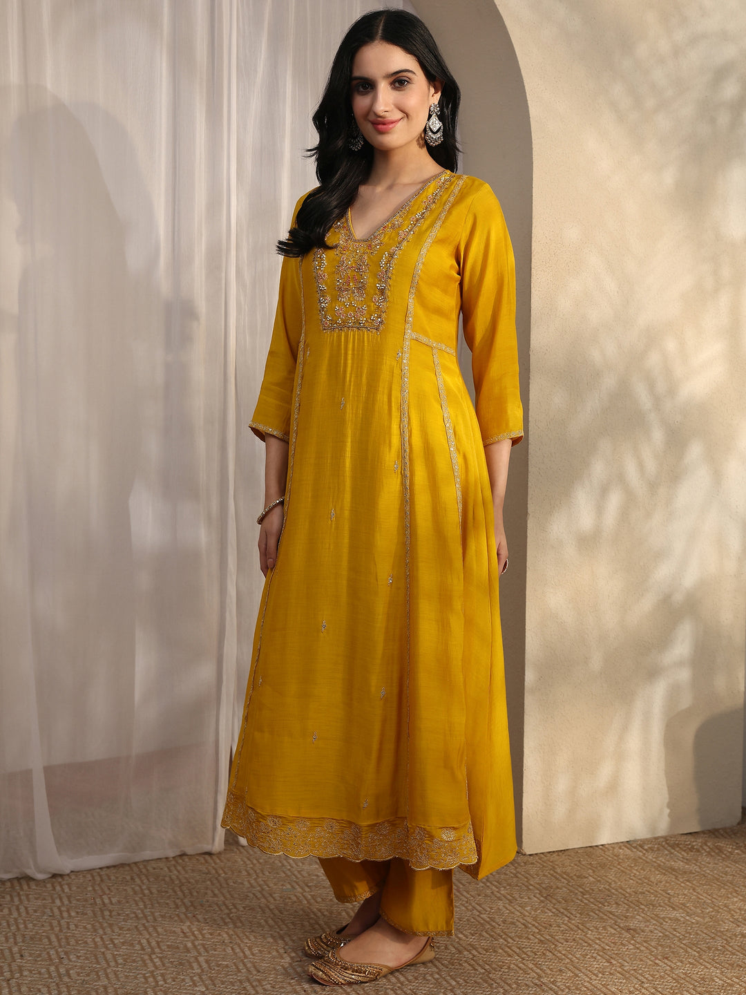  Yellow Embroidered Silk Blend A-Line Suit Set With Dupatta 
