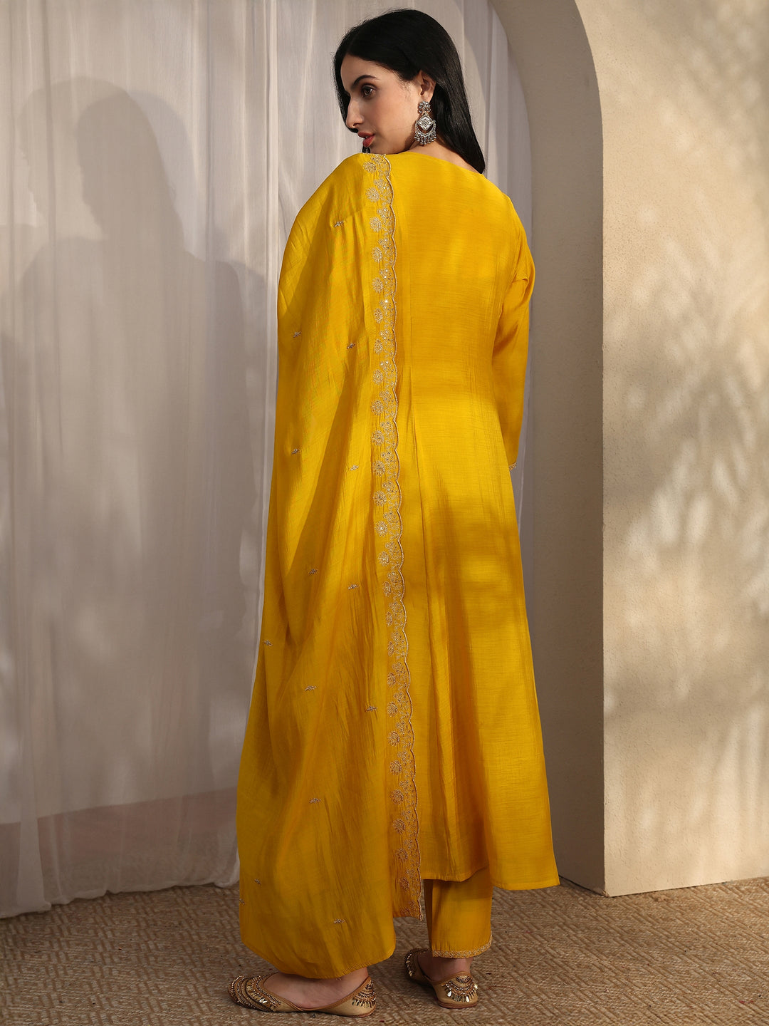  Yellow Embroidered Silk Blend A-Line Suit Set With Dupatta 