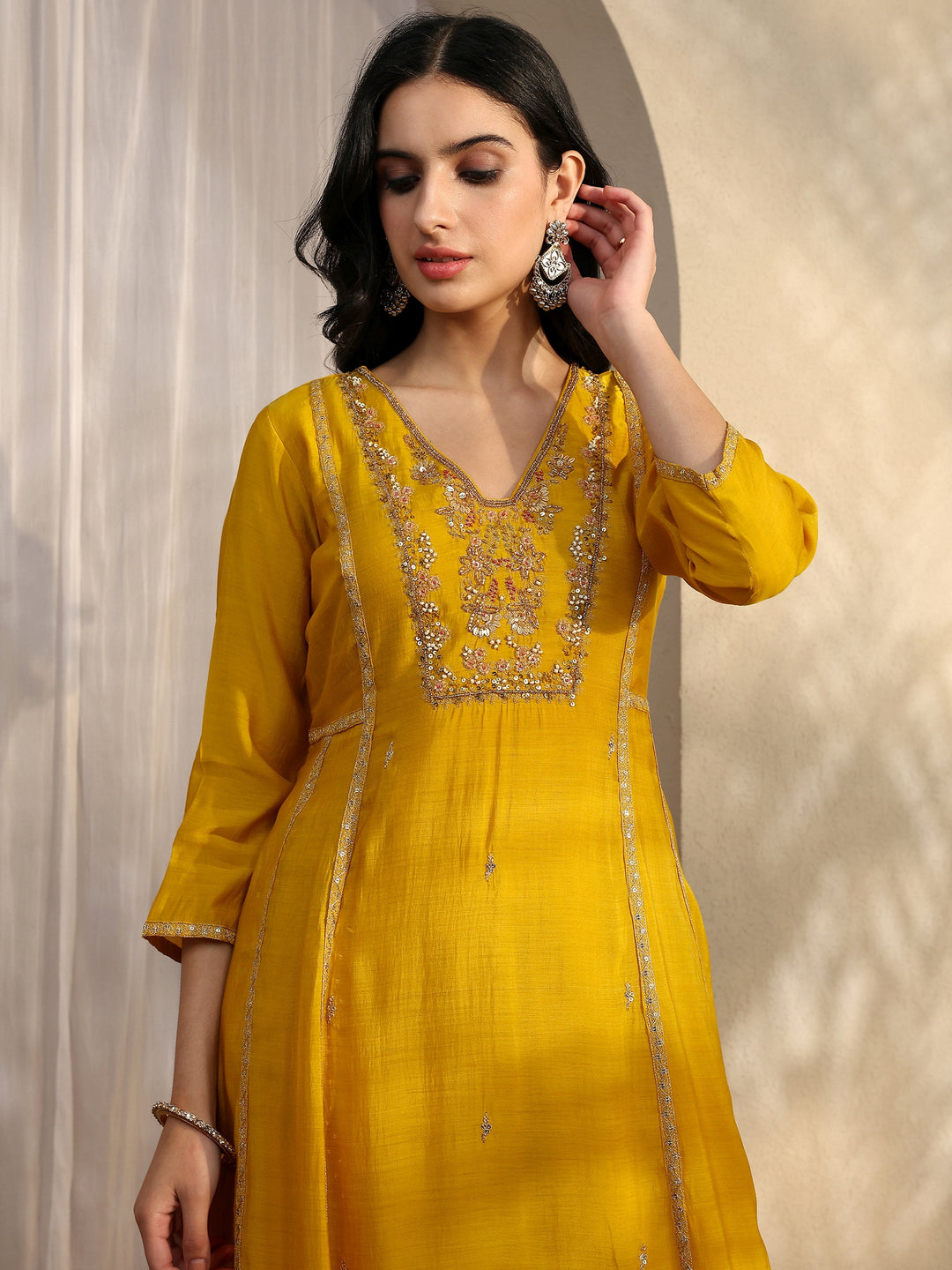  Yellow Embroidered Silk Blend A-Line Suit Set With Dupatta 