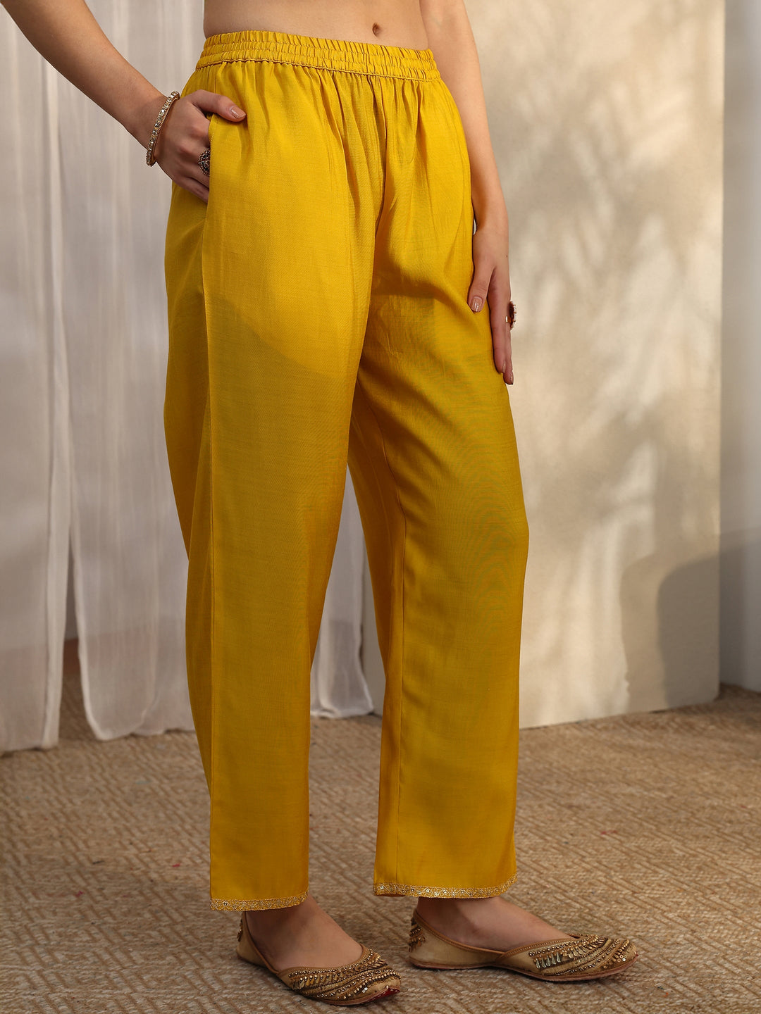  Yellow Embroidered Silk Blend A-Line Suit Set With Dupatta 