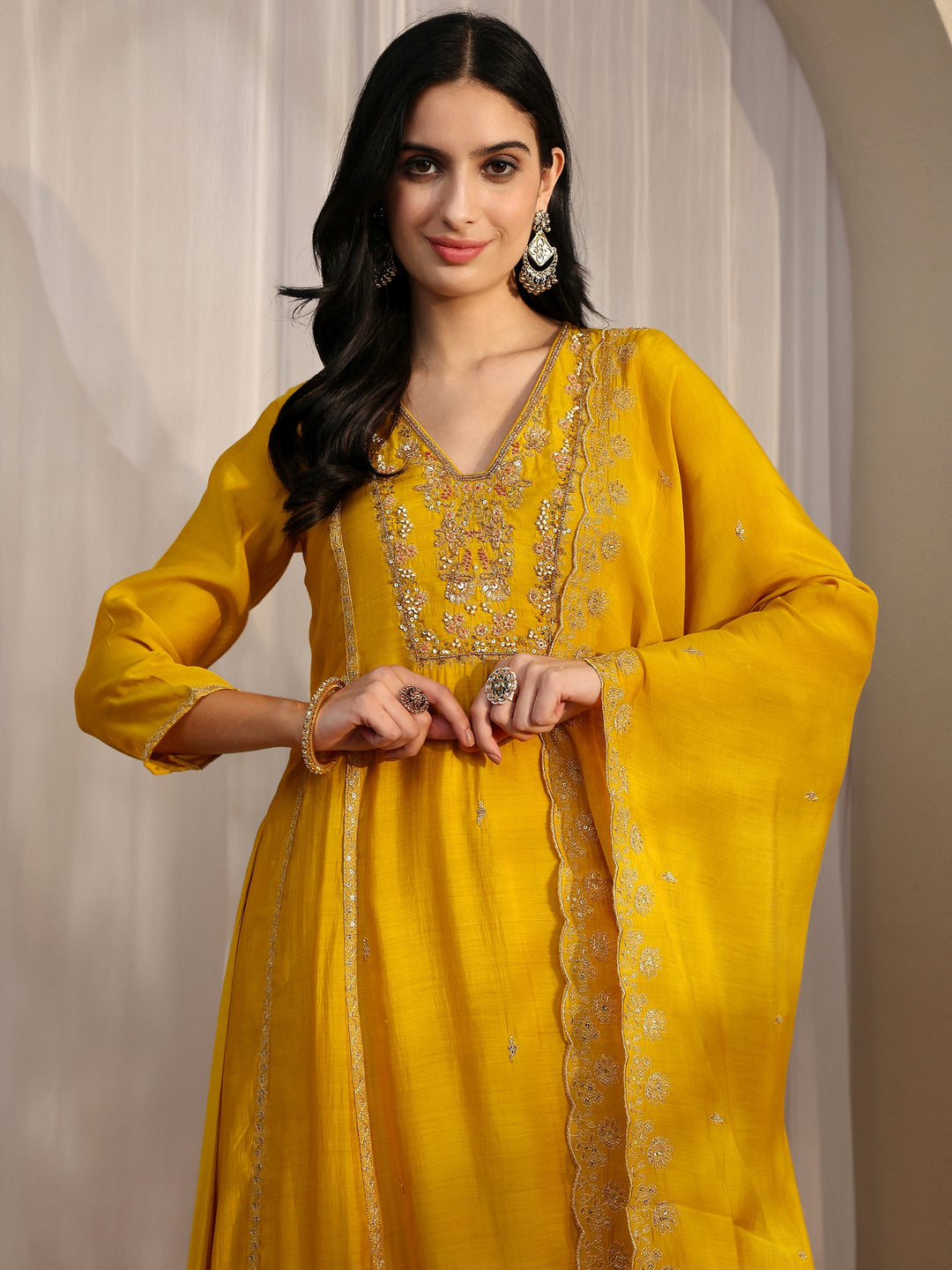  Yellow Embroidered Silk Blend A-Line Suit Set With Dupatta 