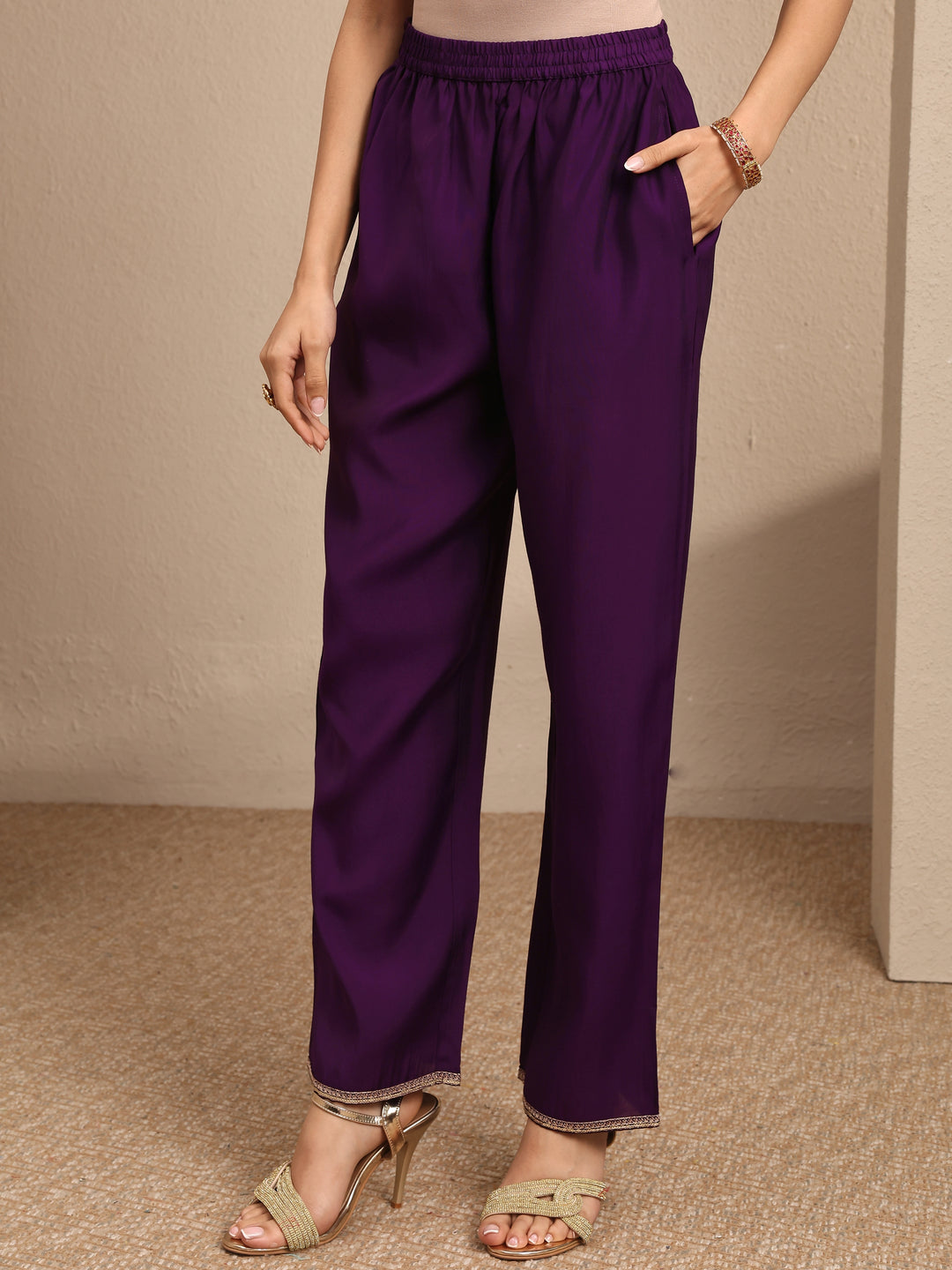  Purple Embroidered Silk Blend A-line Suit Set With Dupatta 