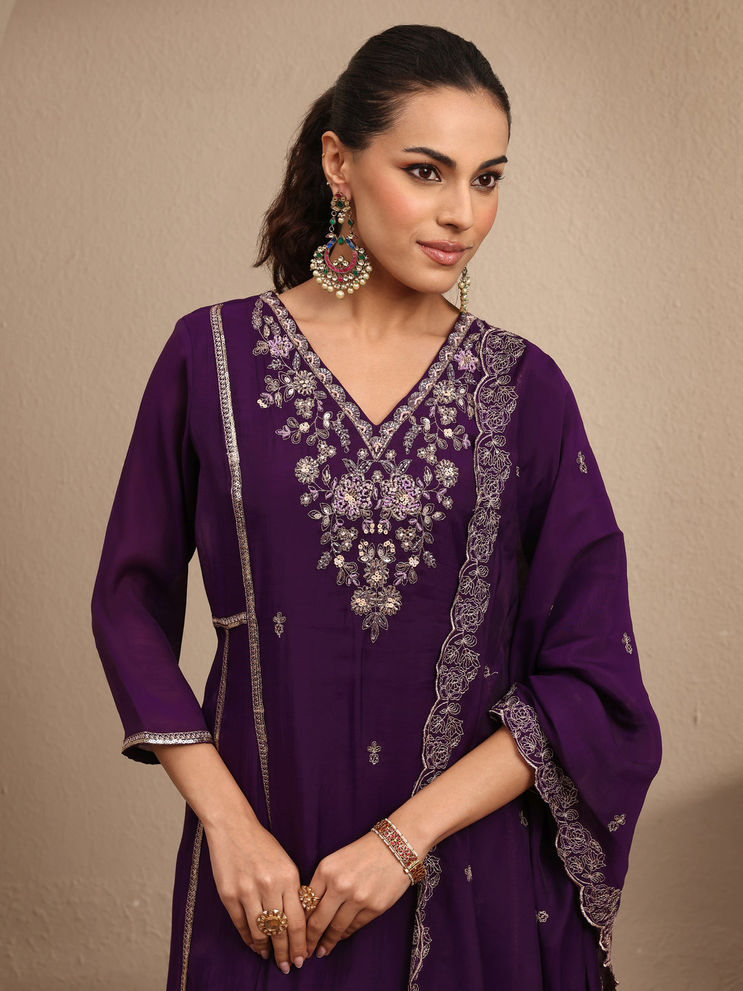  Purple Embroidered Silk Blend A-line Suit Set With Dupatta 