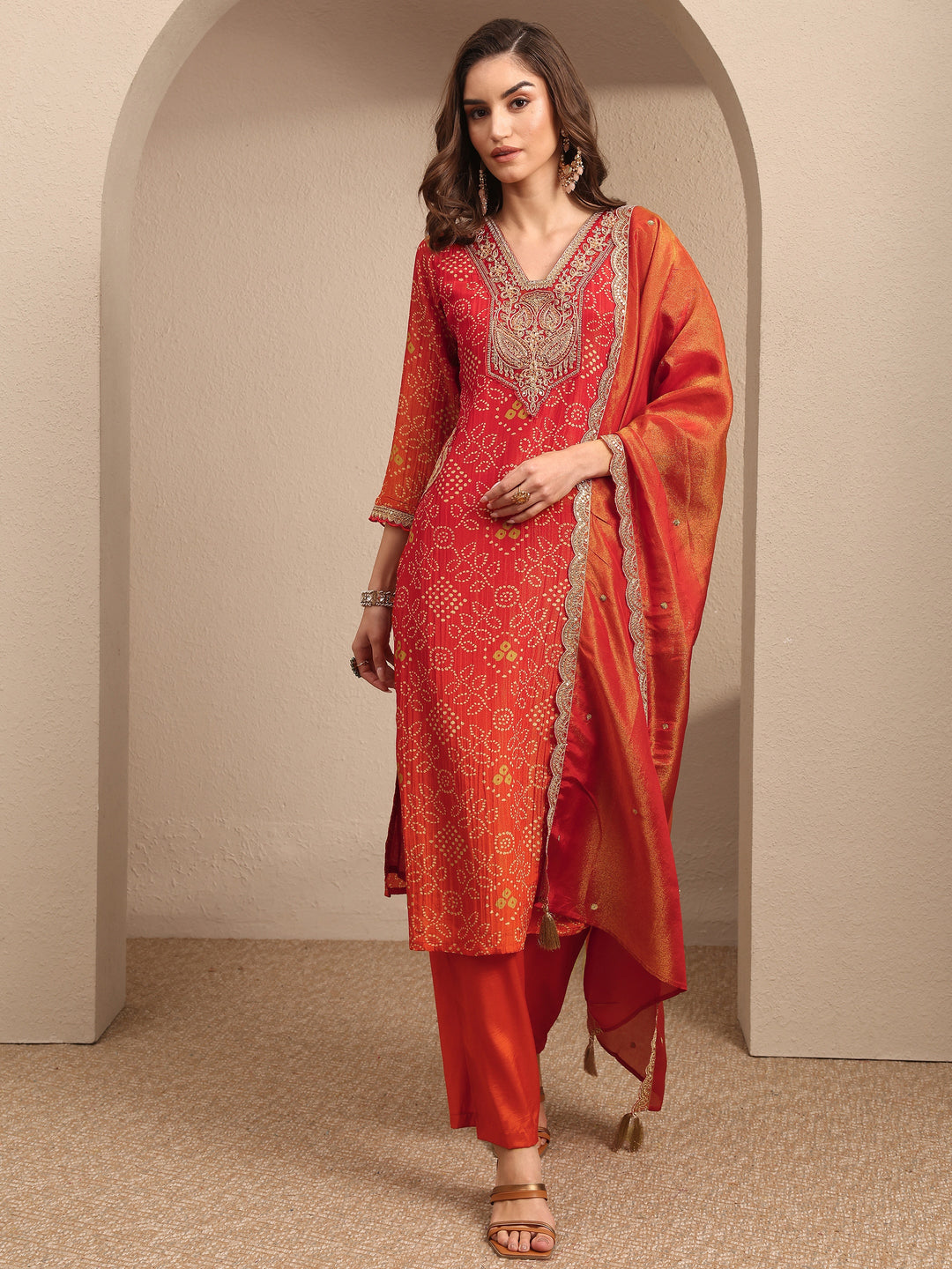  Orange Bandhani Printed Silk Blend Suit Set With Dupatta 