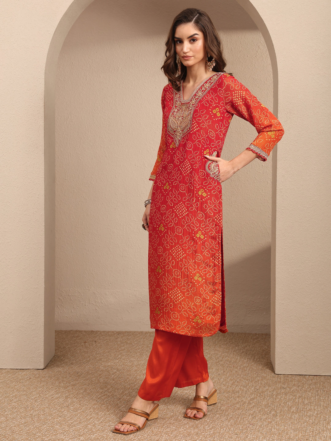  Orange Bandhani Printed Silk Blend Suit Set With Dupatta 