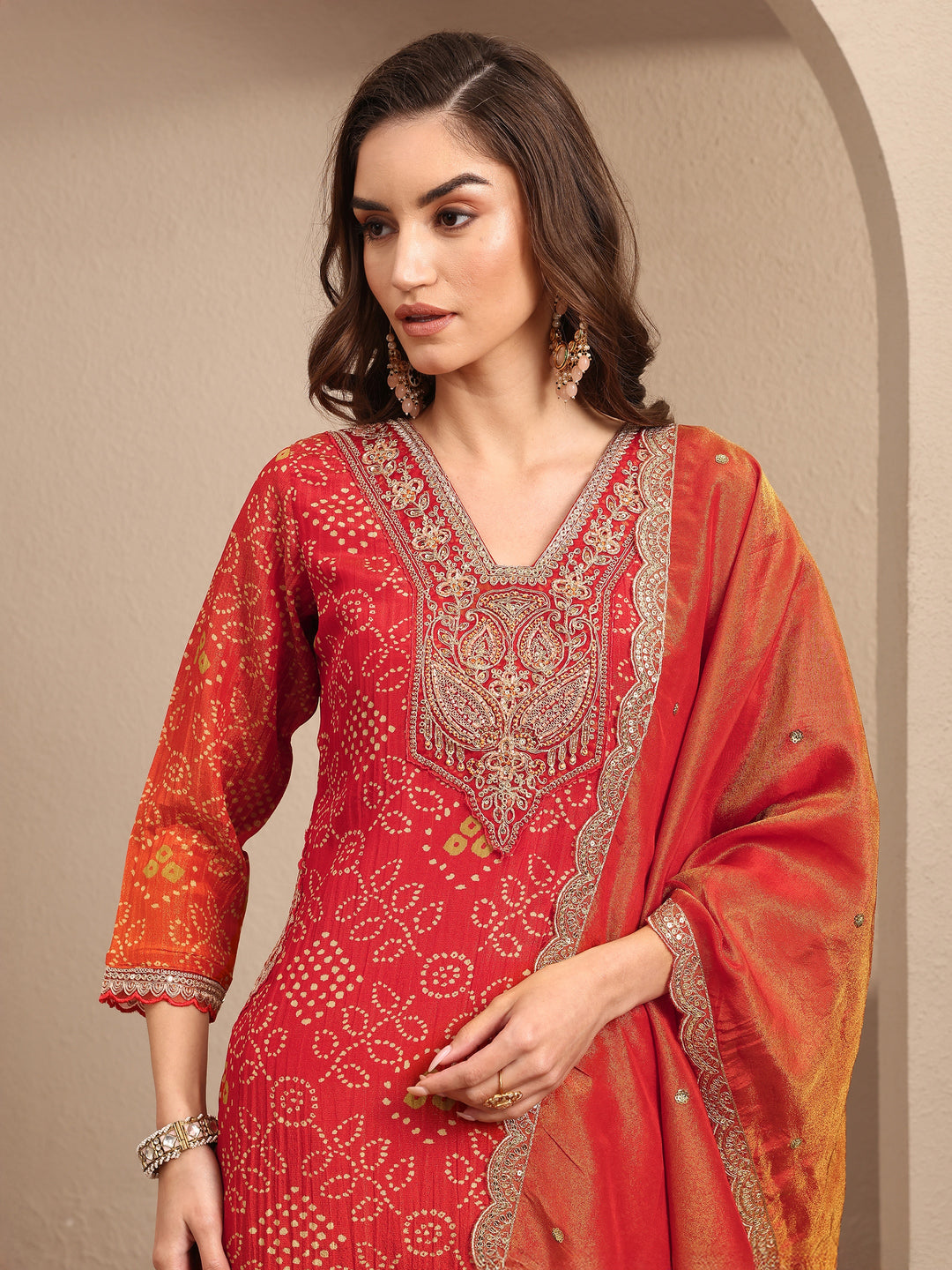  Orange Bandhani Printed Silk Blend Suit Set With Dupatta 