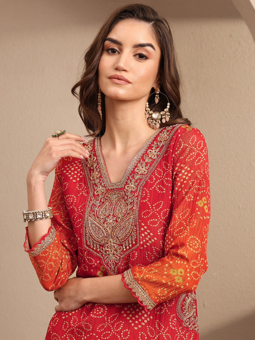  Orange Bandhani Printed Silk Blend Suit Set With Dupatta 