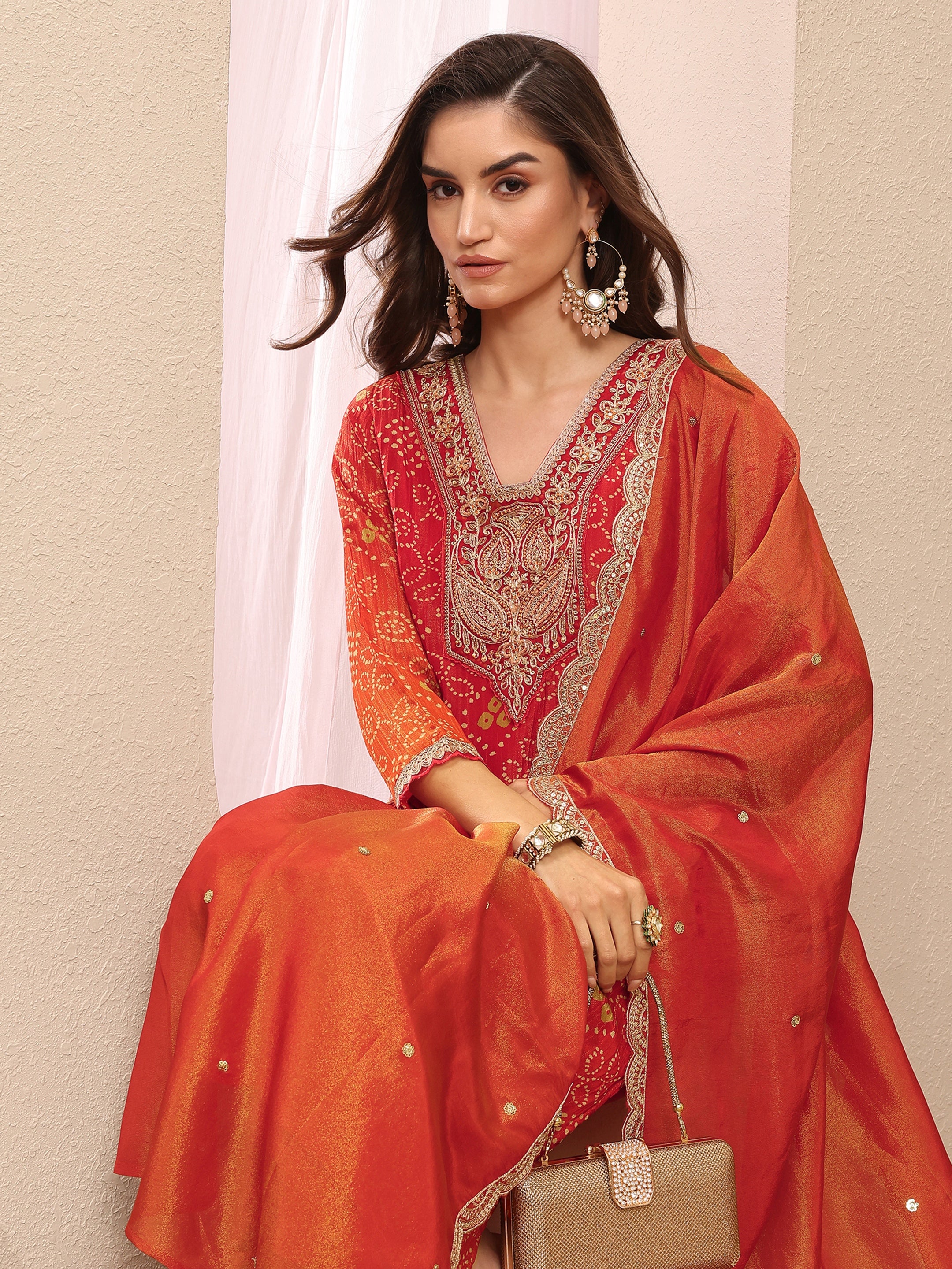 libas Orange Bandhani Printed Silk Blend Suit Set With Dupatta-picture-33
