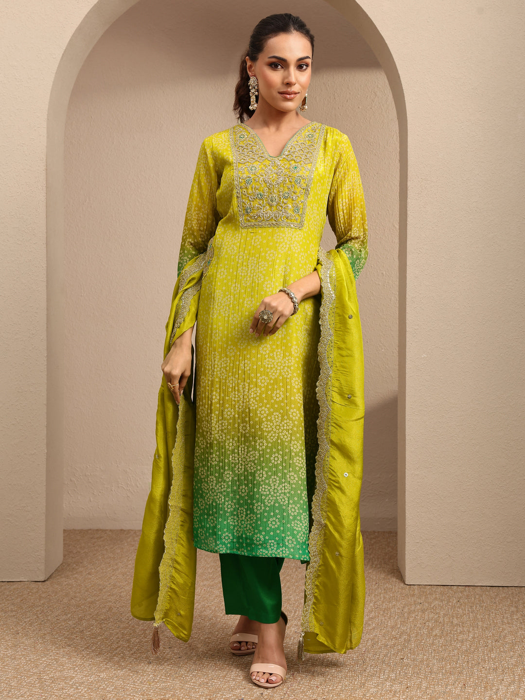  Lime Green Bandhani Printed Silk Blend Suit Set With Dupatta 