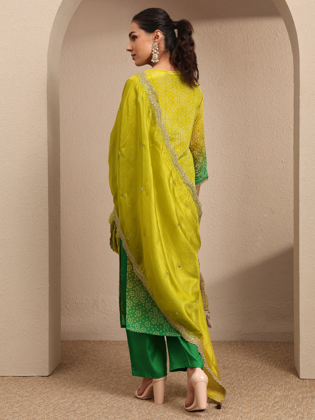  Lime Green Bandhani Printed Silk Blend Suit Set With Dupatta 