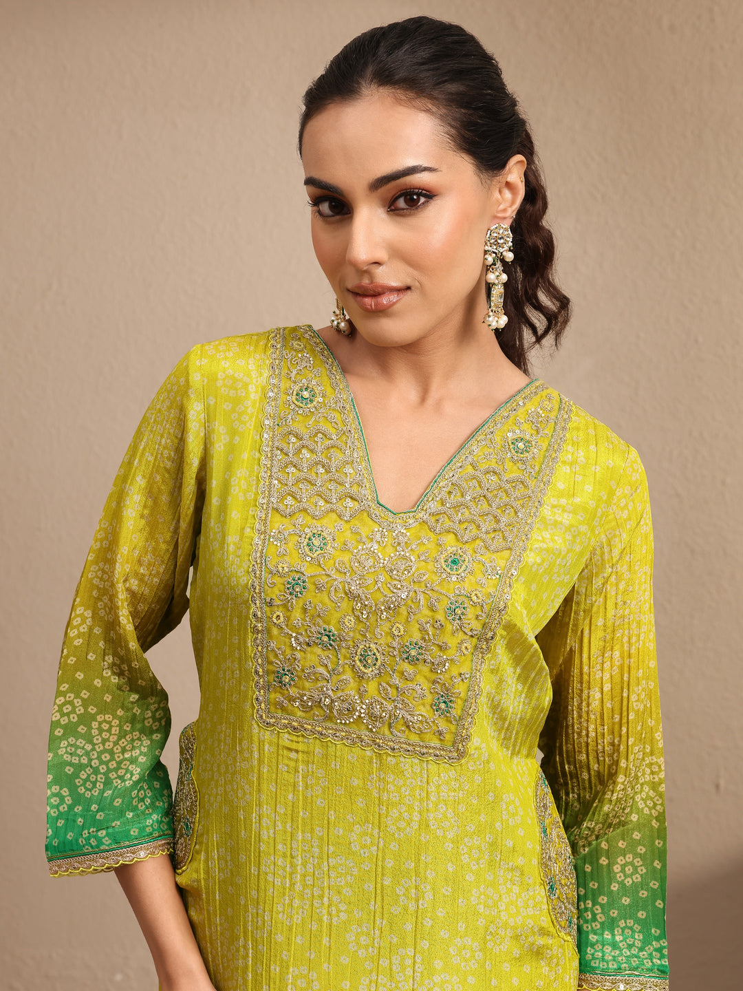  Lime Green Bandhani Printed Silk Blend Suit Set With Dupatta 