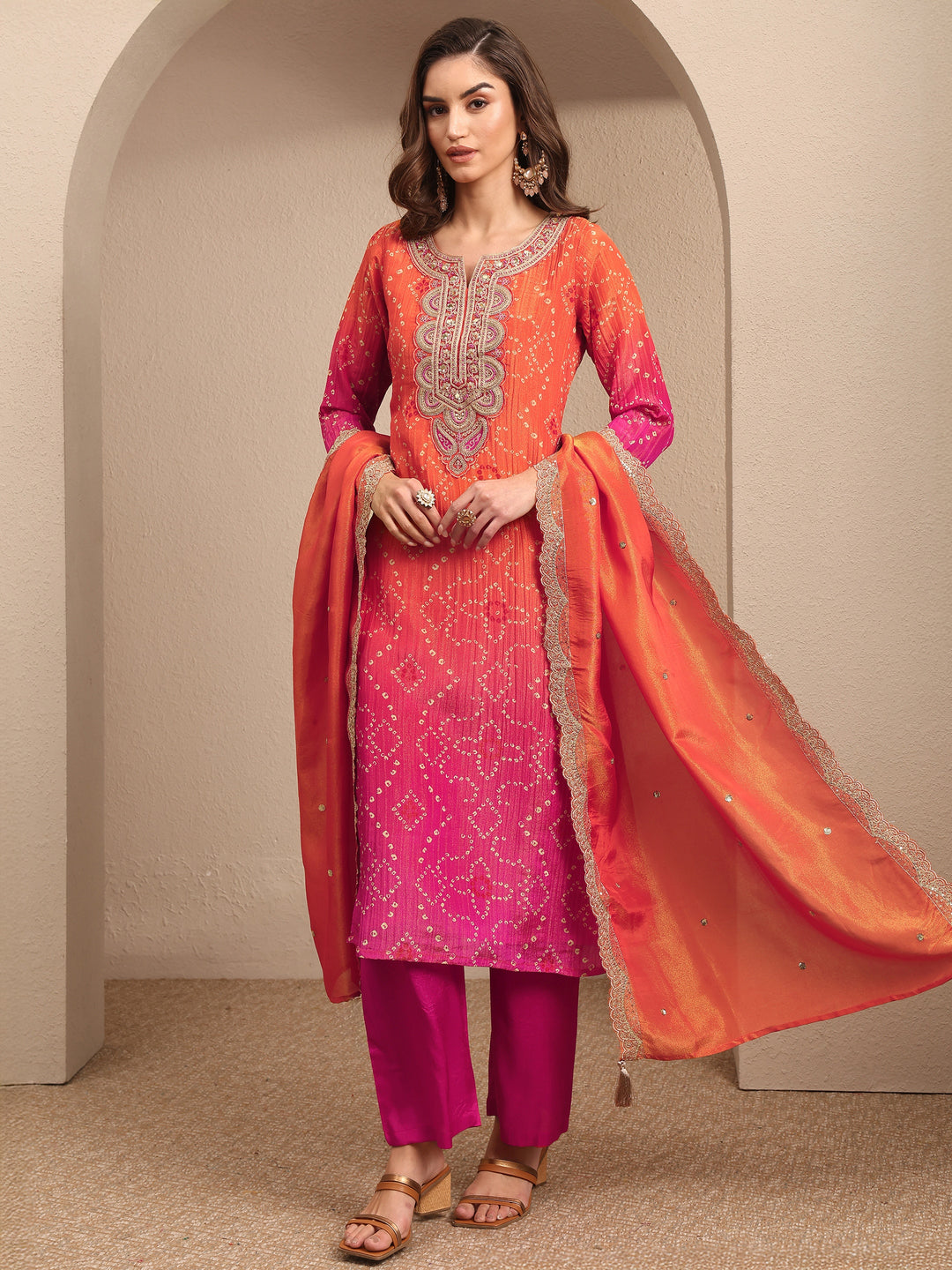  Orange Bandhani Printed Silk Blend Suit Set With Dupatta 