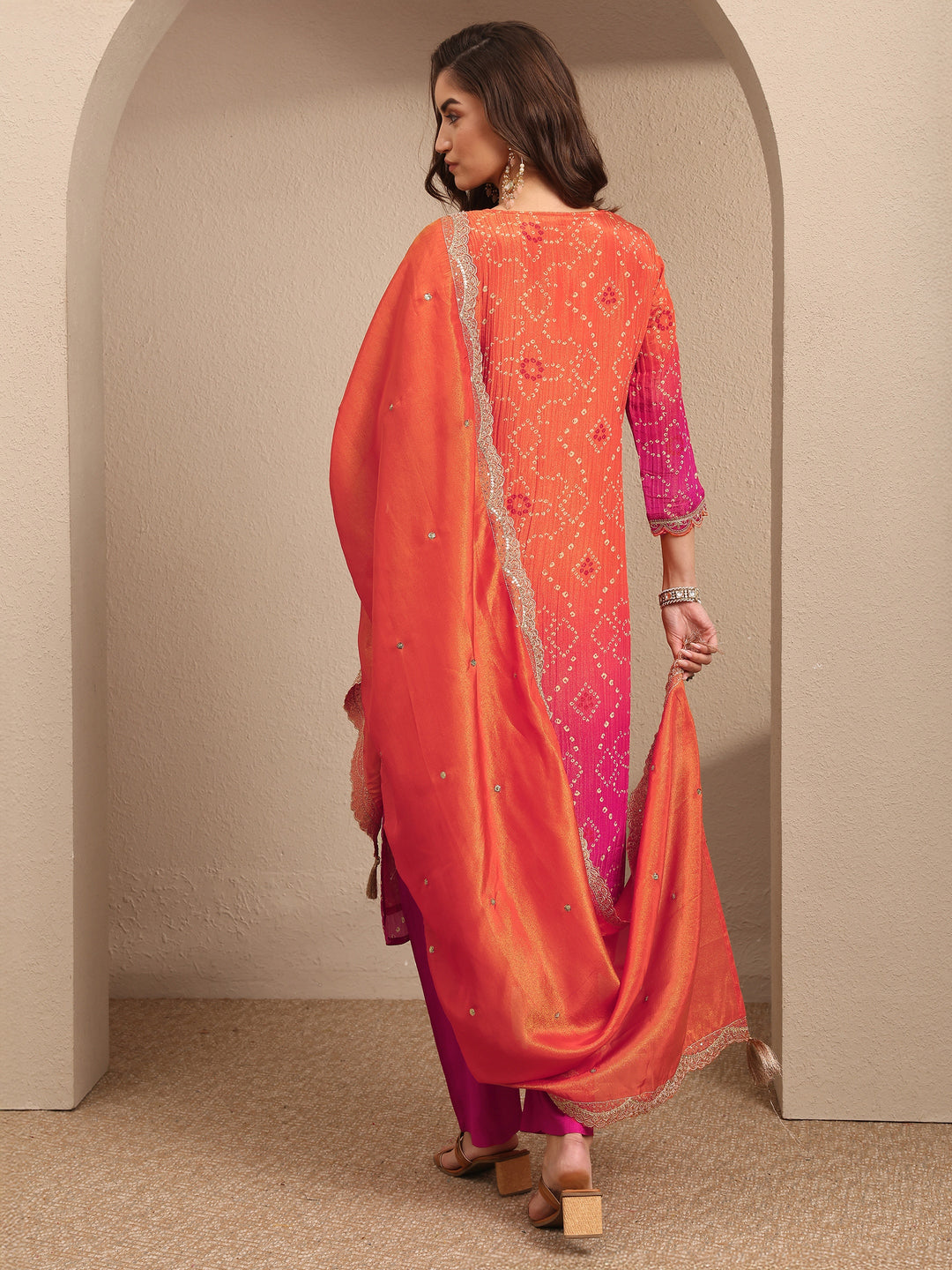  Orange Bandhani Printed Silk Blend Suit Set With Dupatta 