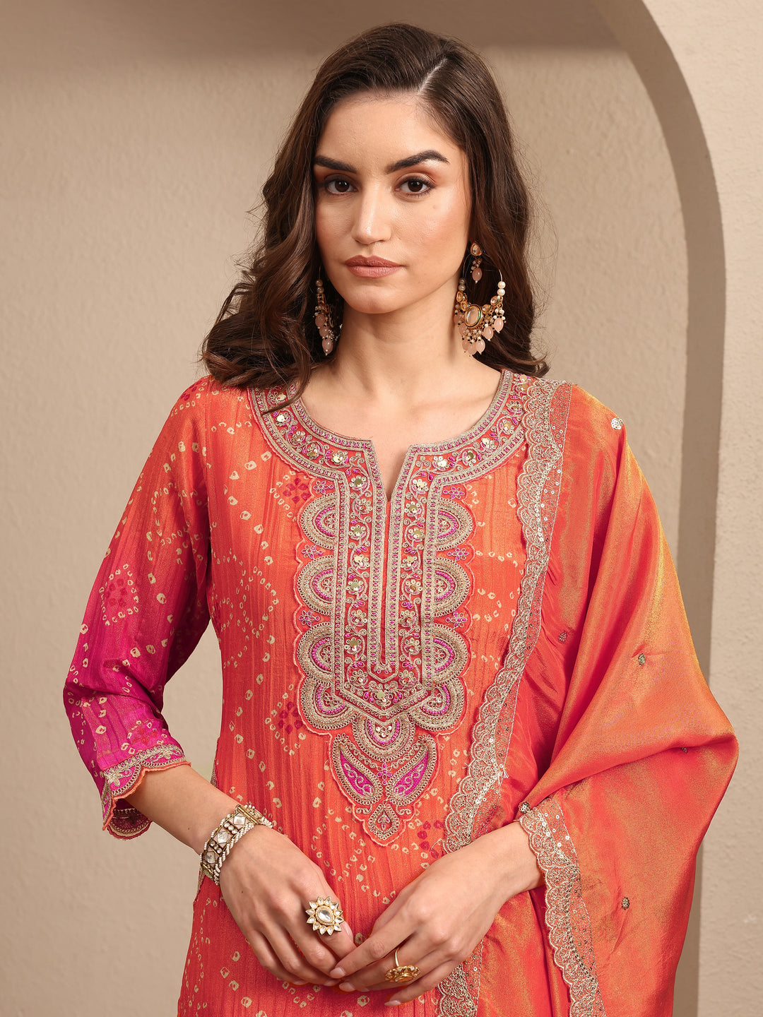  Orange Bandhani Printed Silk Blend Suit Set With Dupatta 