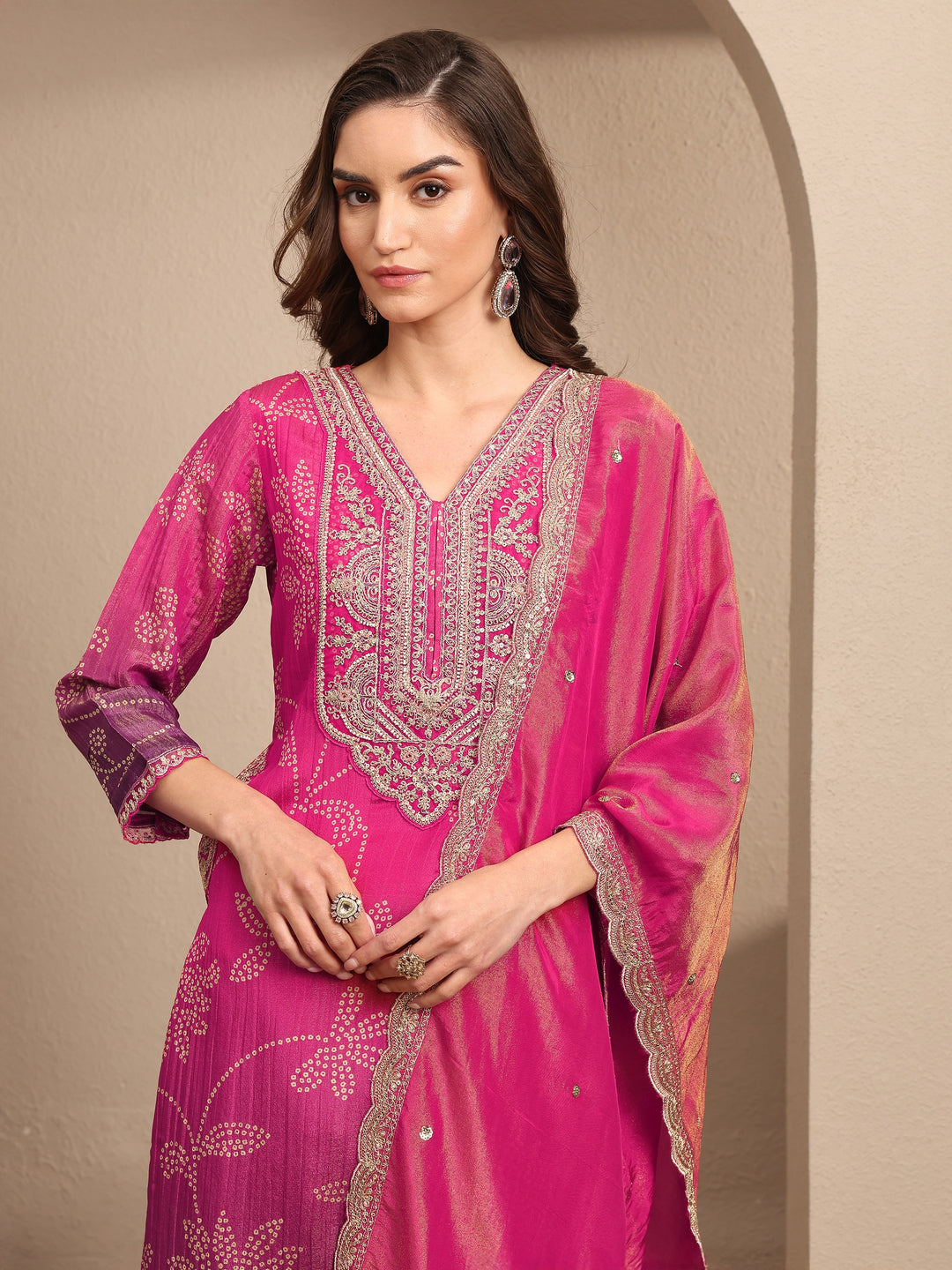  Pink Bandhani Printed Silk blend Straight Suit Set With Dupatta 