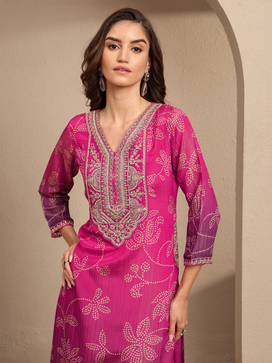  Pink Bandhani Printed Silk blend Straight Suit Set With Dupatta 