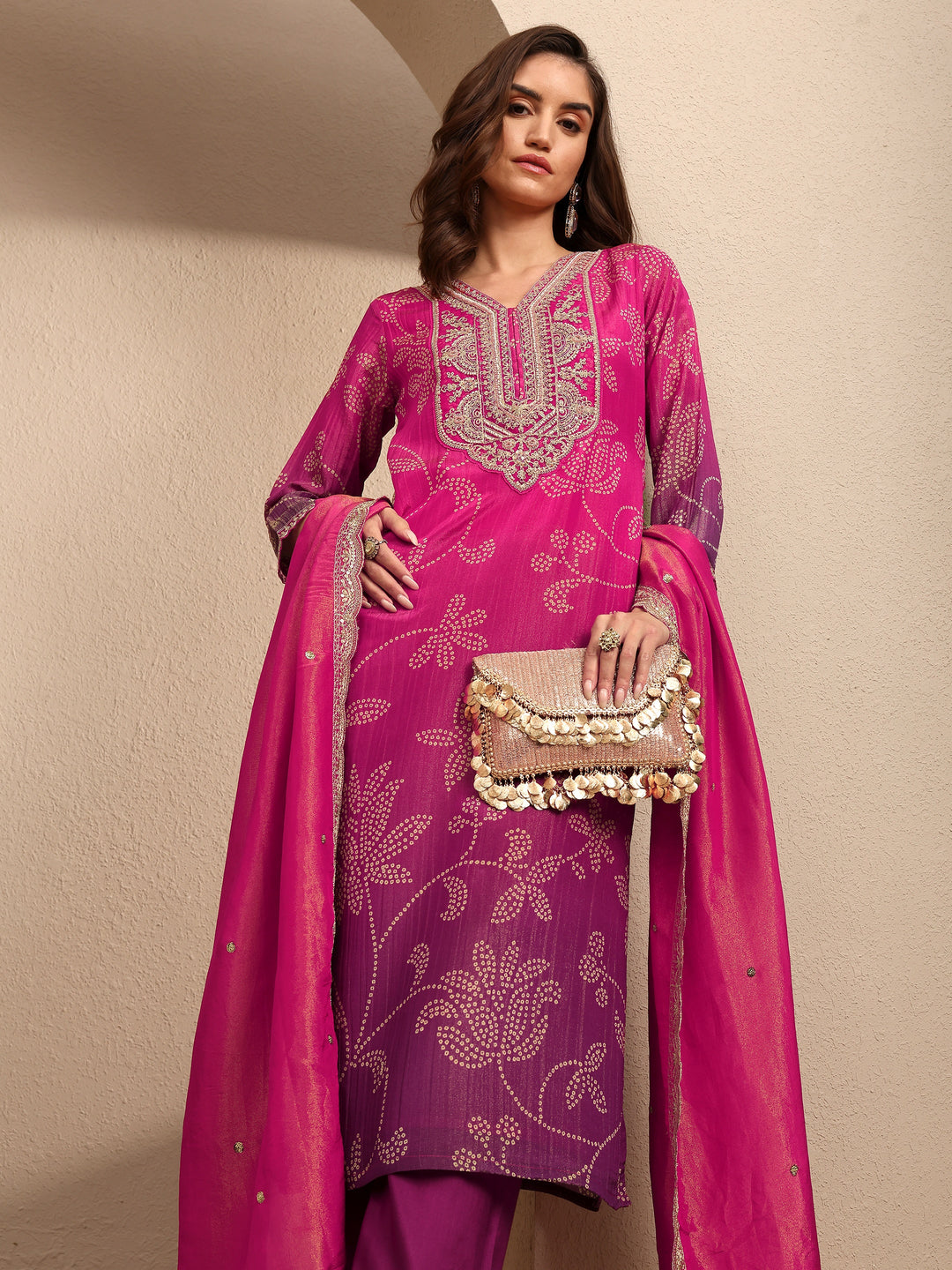  Pink Bandhani Printed Silk blend Straight Suit Set With Dupatta 