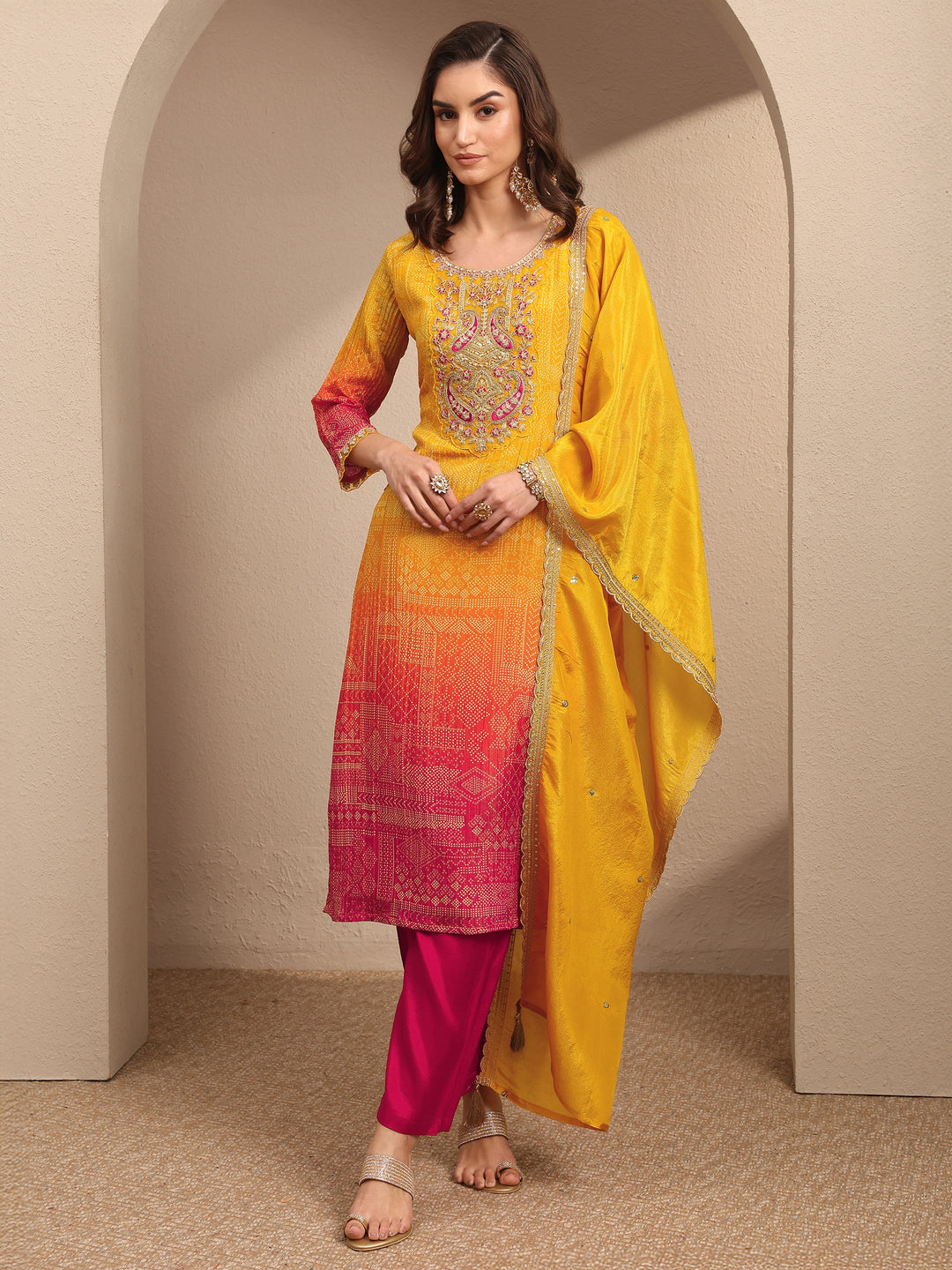  Mustard Bandhani Printed Silk Blend Suit Set With Dupatta 