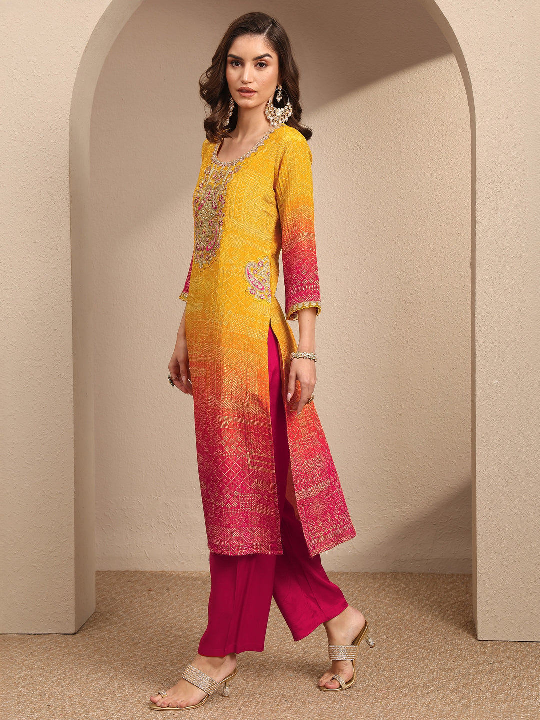 Mustard Bandhani Printed Silk Blend Suit Set With Dupatta 