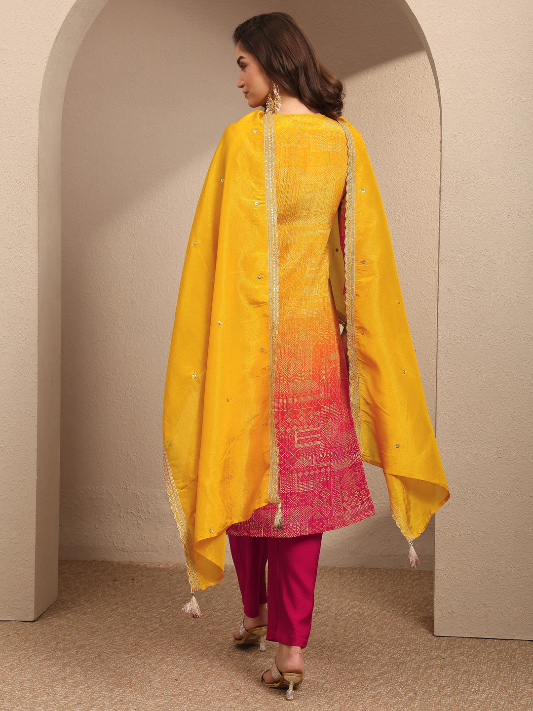 Mustard Bandhani Printed Silk Blend Suit Set With Dupatta 