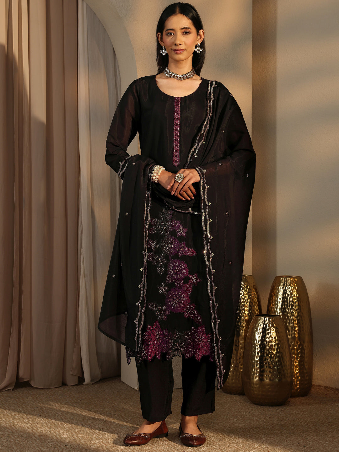  Black Embroidered Silk Blend Straight Suit Set With Dupatta 