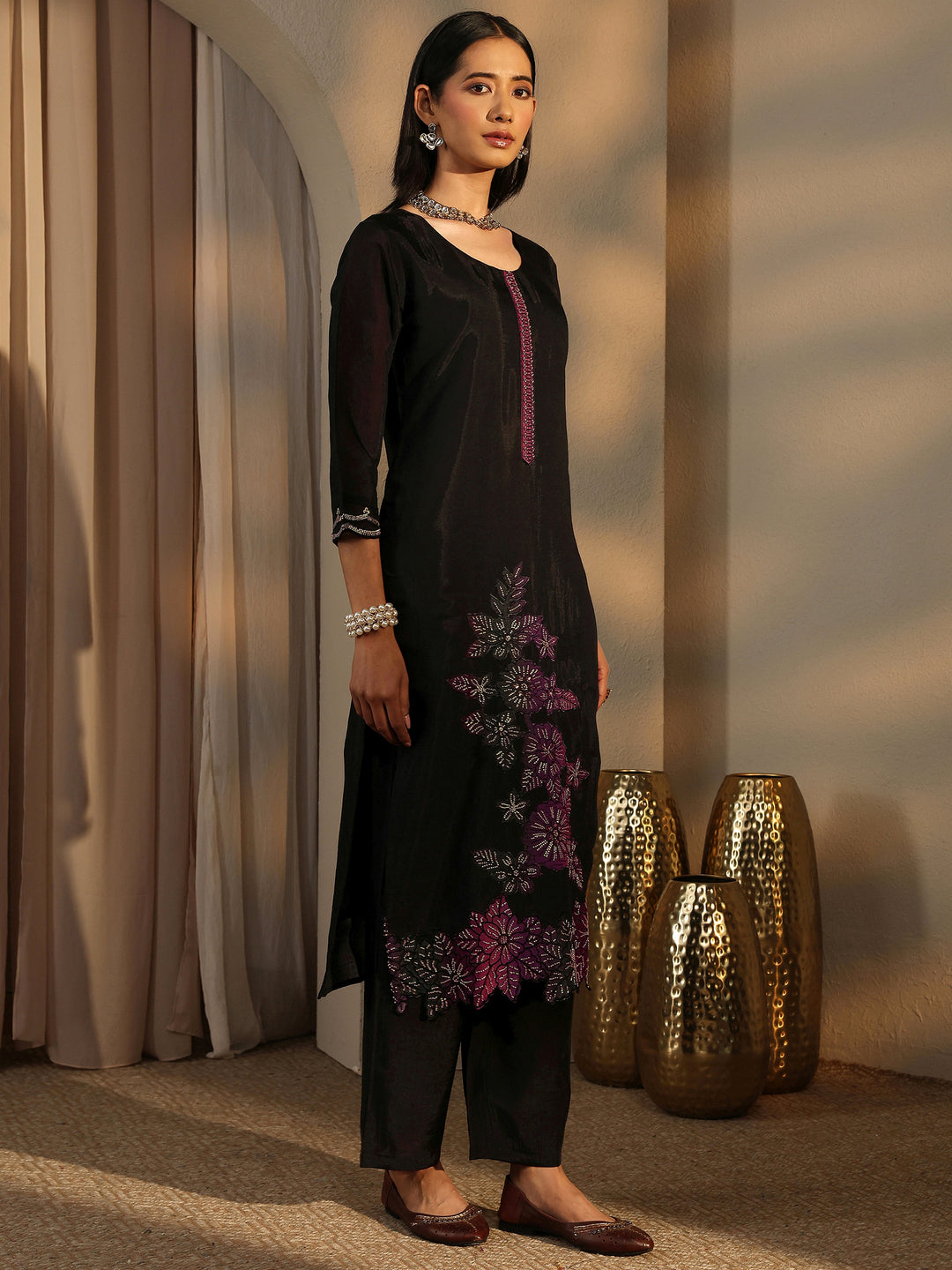  Black Embroidered Silk Blend Straight Suit Set With Dupatta 