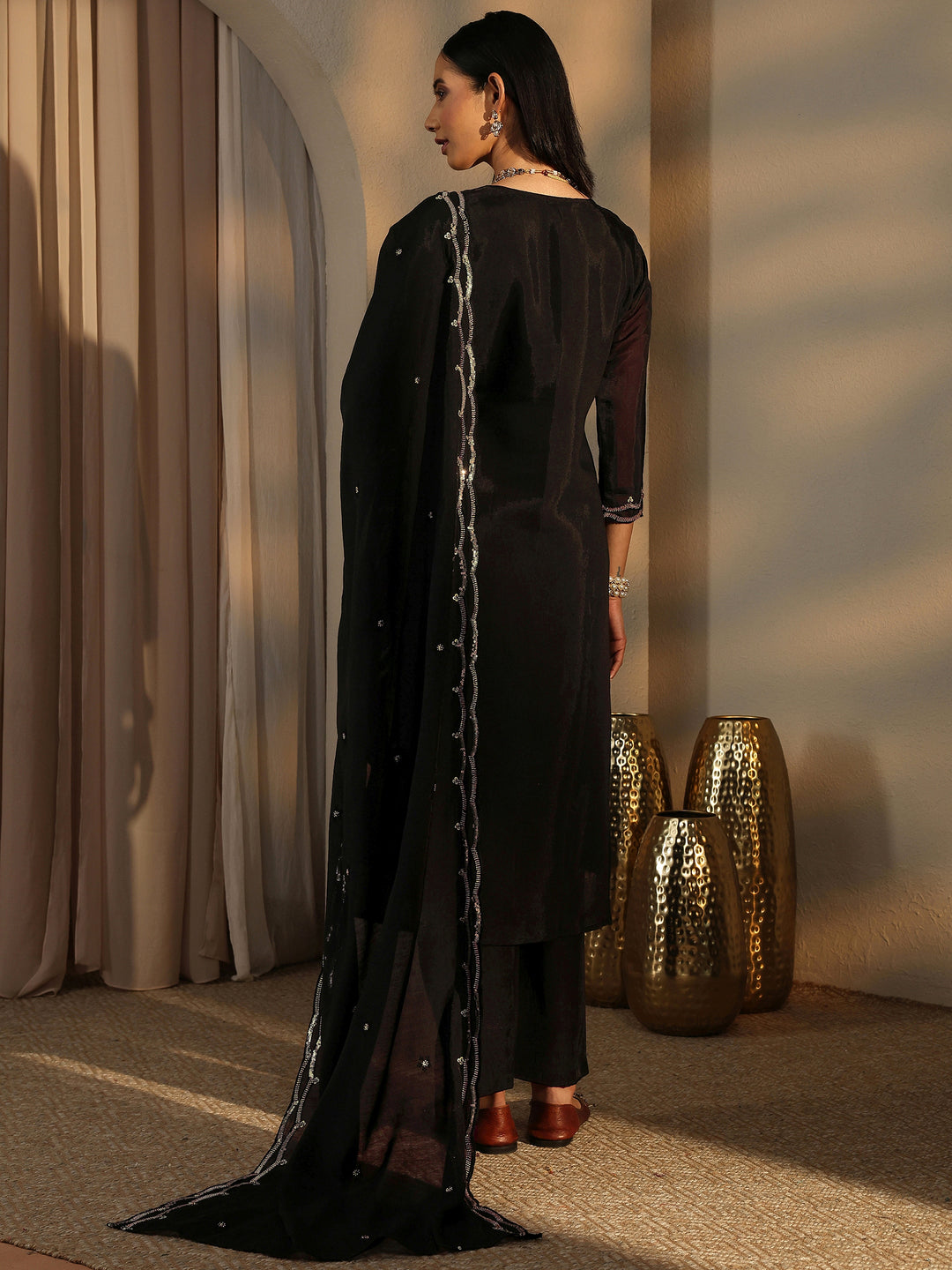  Black Embroidered Silk Blend Straight Suit Set With Dupatta 