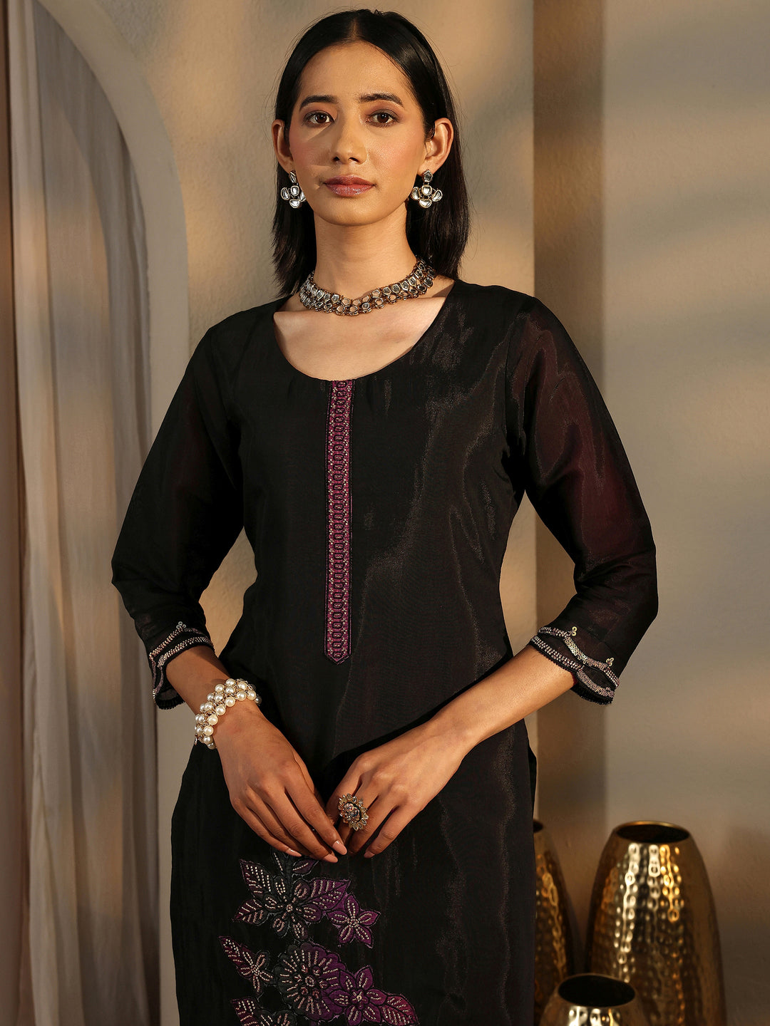  Black Embroidered Silk Blend Straight Suit Set With Dupatta 