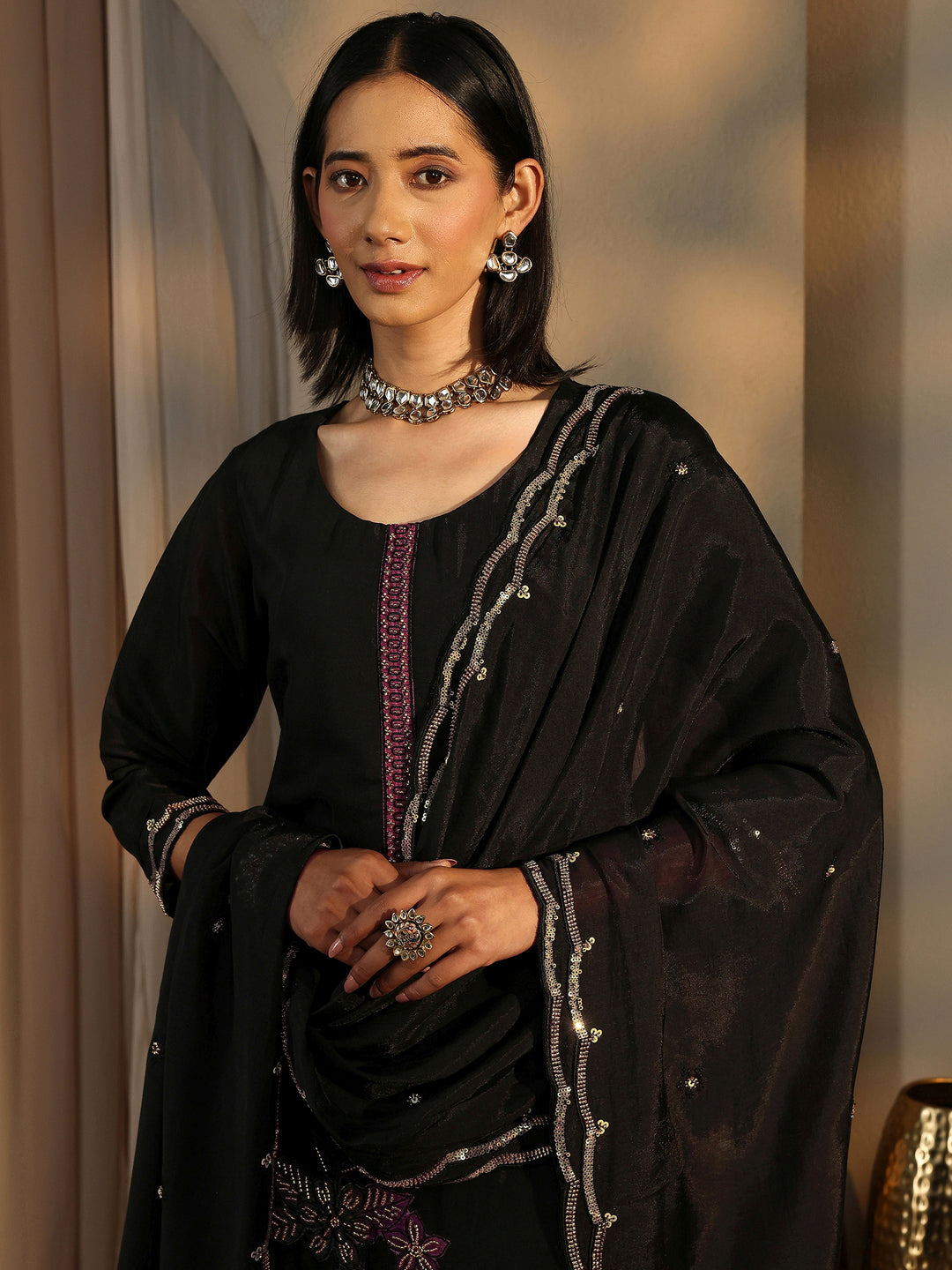  Black Embroidered Silk Blend Straight Suit Set With Dupatta 