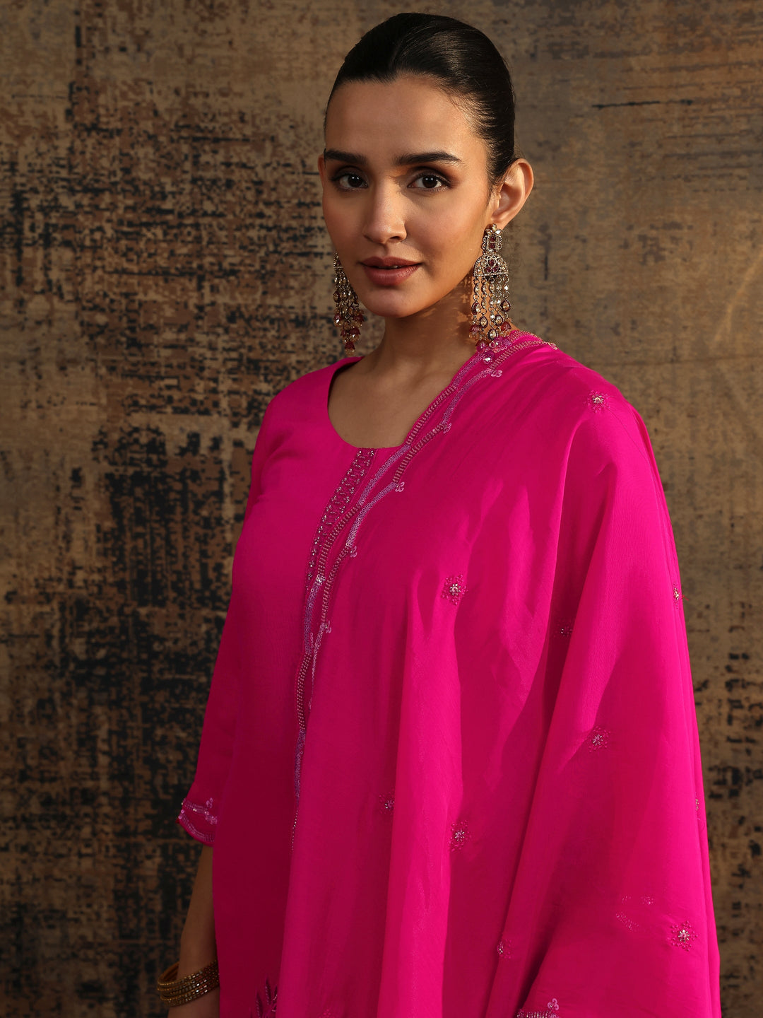 Pink Embroidered Silk Blend Straight Suit Set With Dupatta 